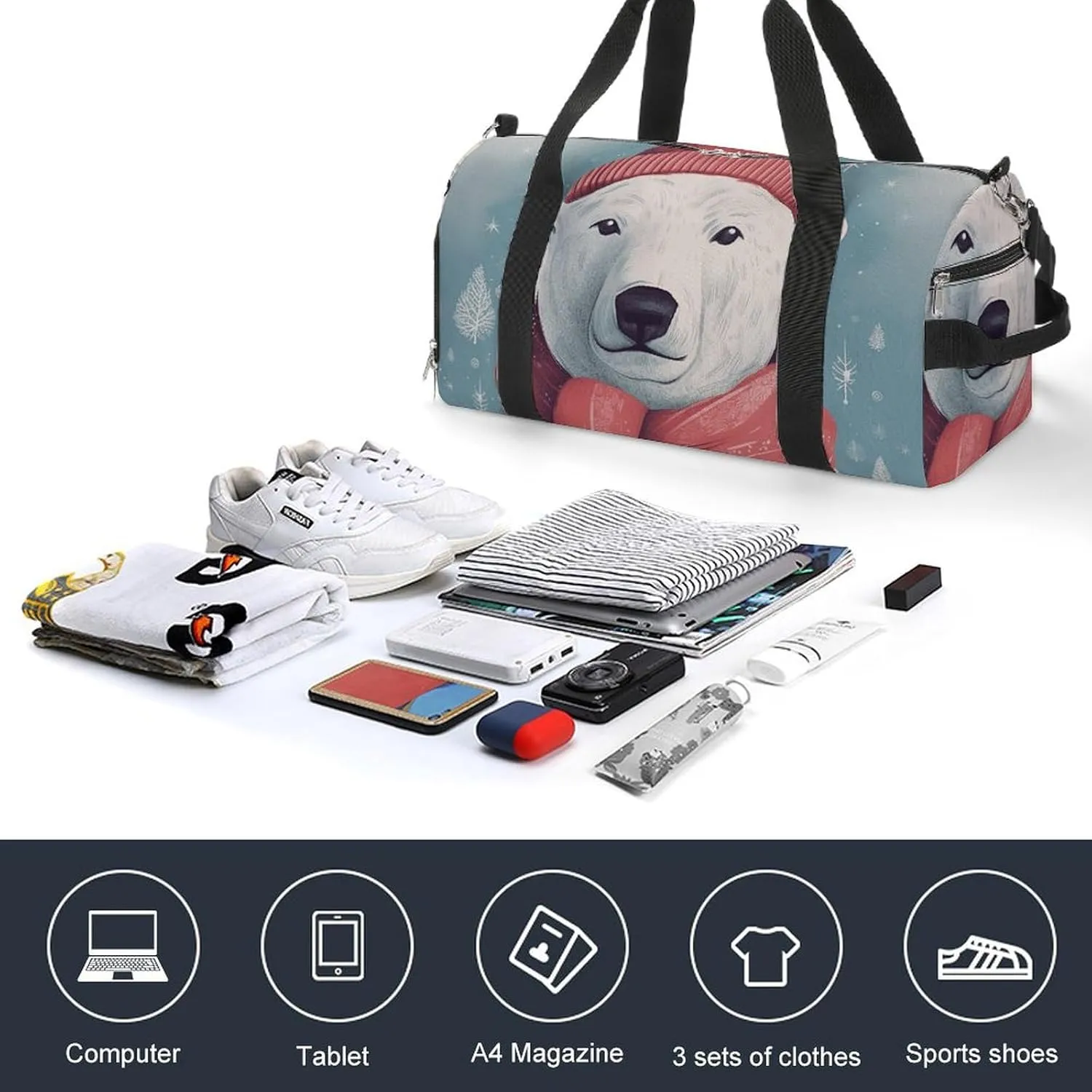 Gym Bag Hand Drawn Bear Duffel Bag for Men Women Overnight Bag with Shoe Compartment Workout Bags