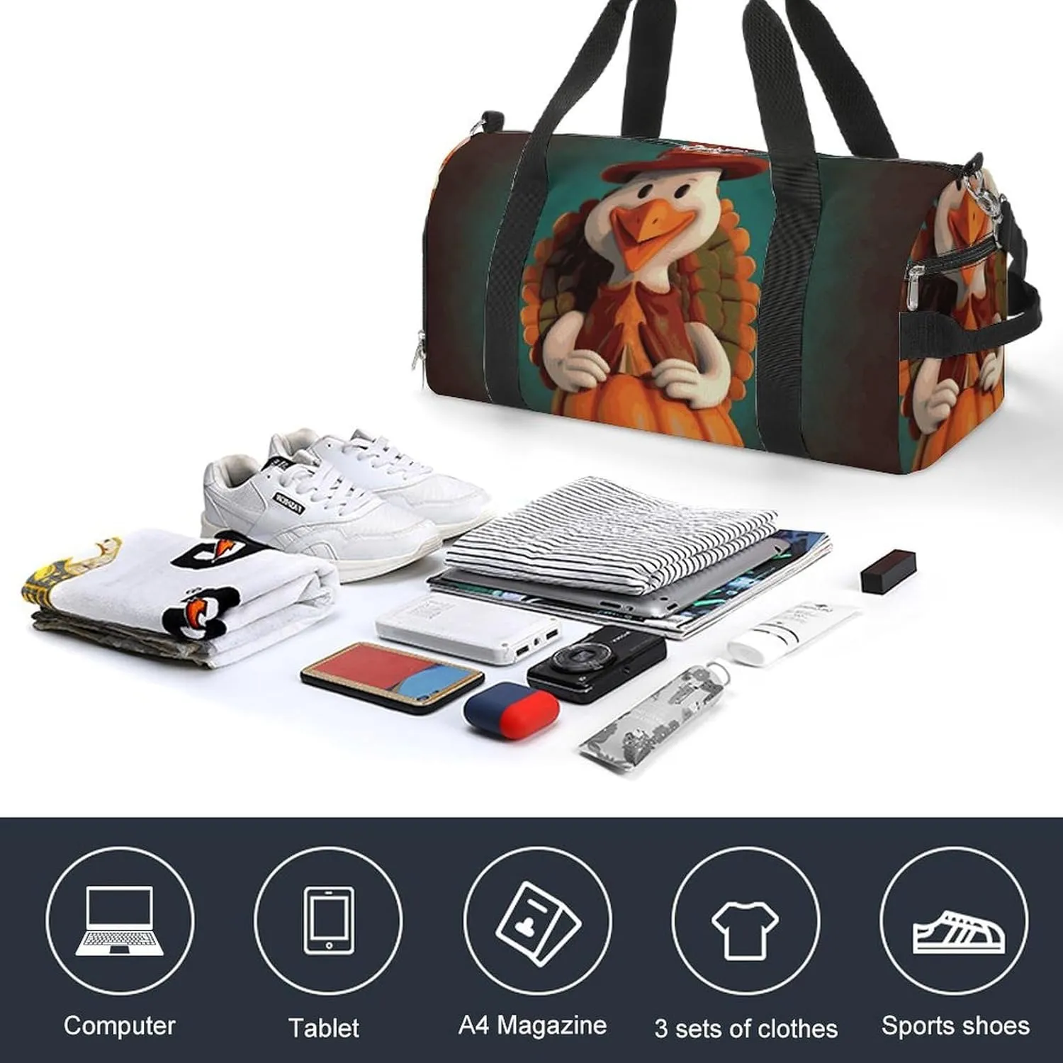 Gym Bag Happy Thanksgiving Turkey Duffel Bag for Men Women Overnight Bag with Shoe Compartment Workout Bags