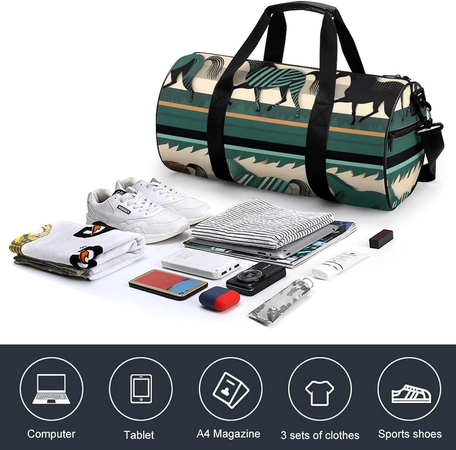 Gym Bag Horse Stripes Pattern Duffel Bag for Men Women Overnight Bag with Shoe Compartment Workout Bags