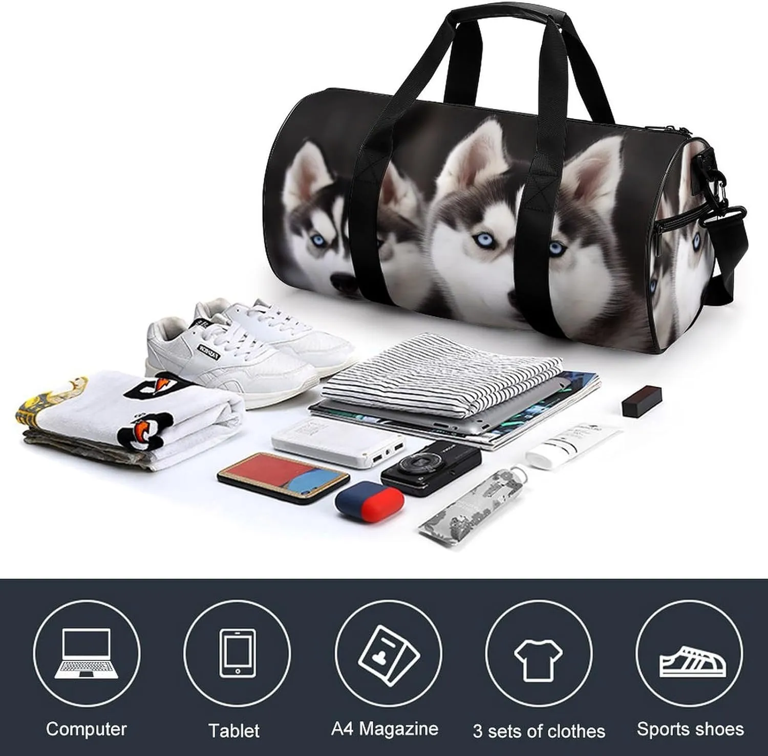 Gym Bag Husky Dog Duffel Bag for Men Women Overnight Bag with Shoe Compartment Workout Bags