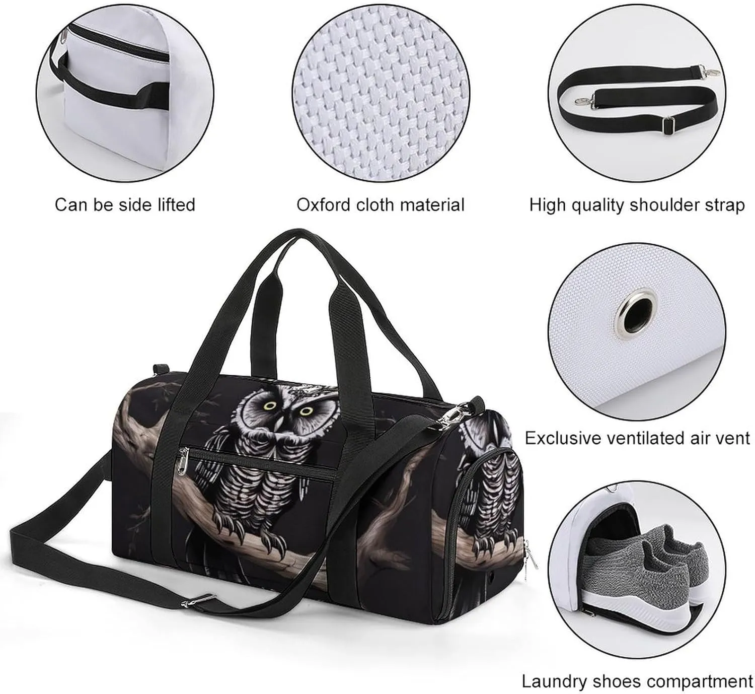 Gym Bag Late Night Owl Duffel Bag for Men Women Overnight Bag with Shoe Compartment Workout Bags
