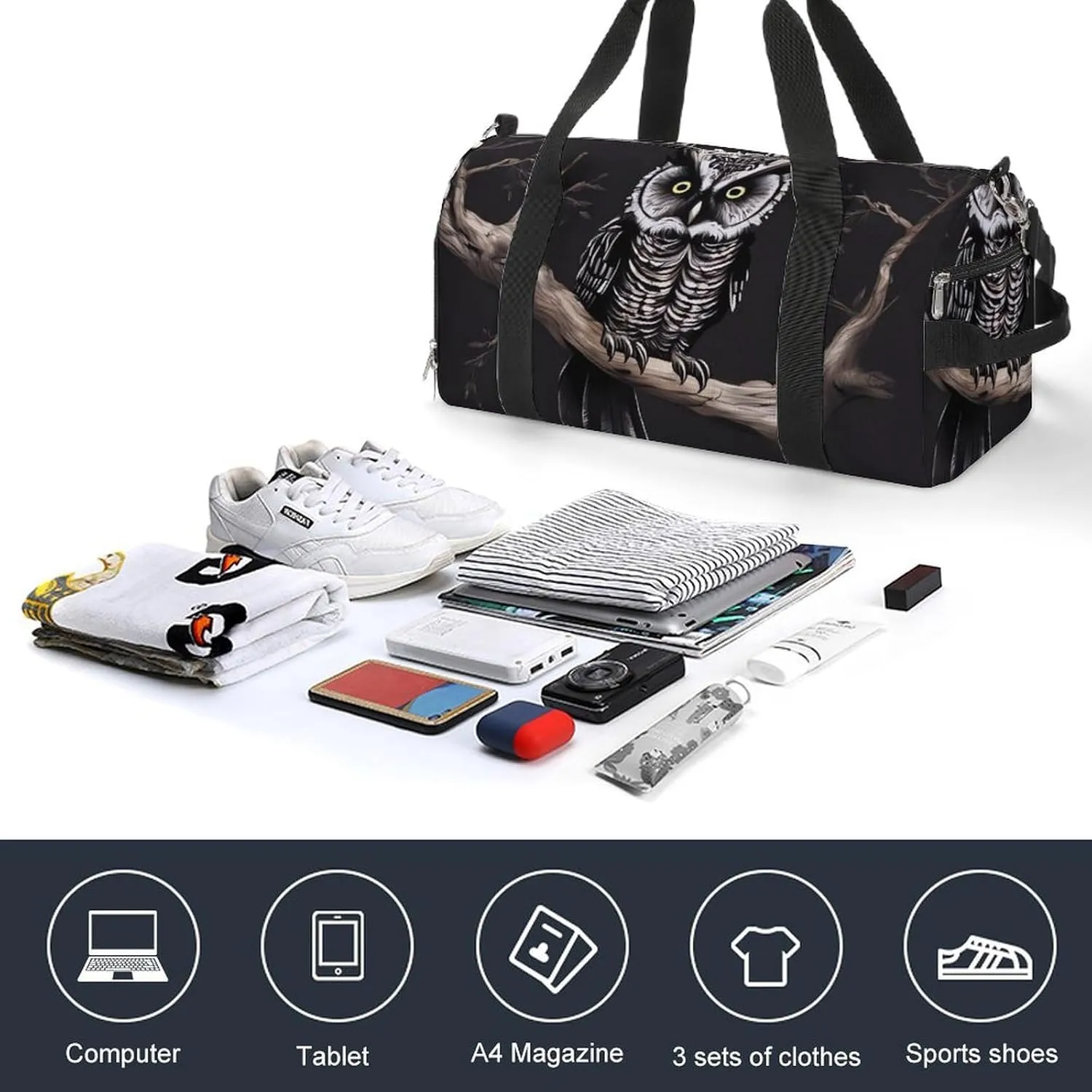 Gym Bag Late Night Owl Duffel Bag for Men Women Overnight Bag with Shoe Compartment Workout Bags