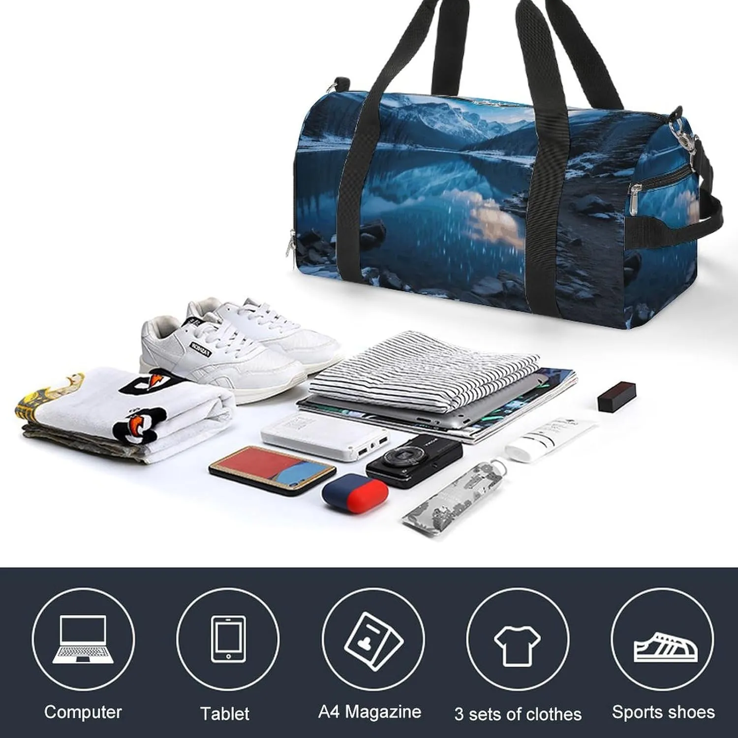 Gym Bag Moraine Lake in A Starry Winter Night Duffel Bag for Men Women Overnight Bag with Shoe Compartment Workout Bags