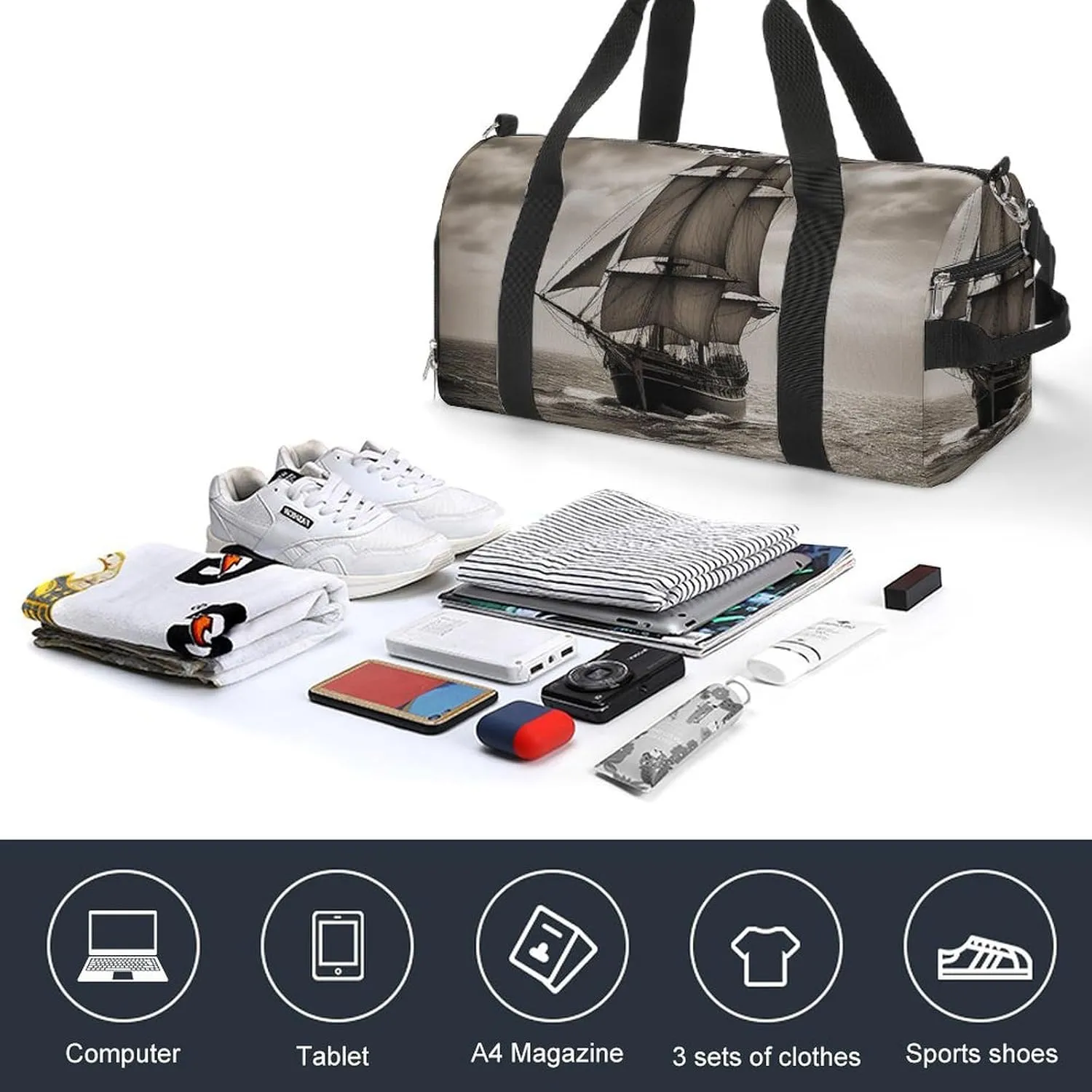Gym Bag Nautical Sailing Pirate Theme Duffel Bag for Men Women Overnight Bag with Shoe Compartment Workout Bags