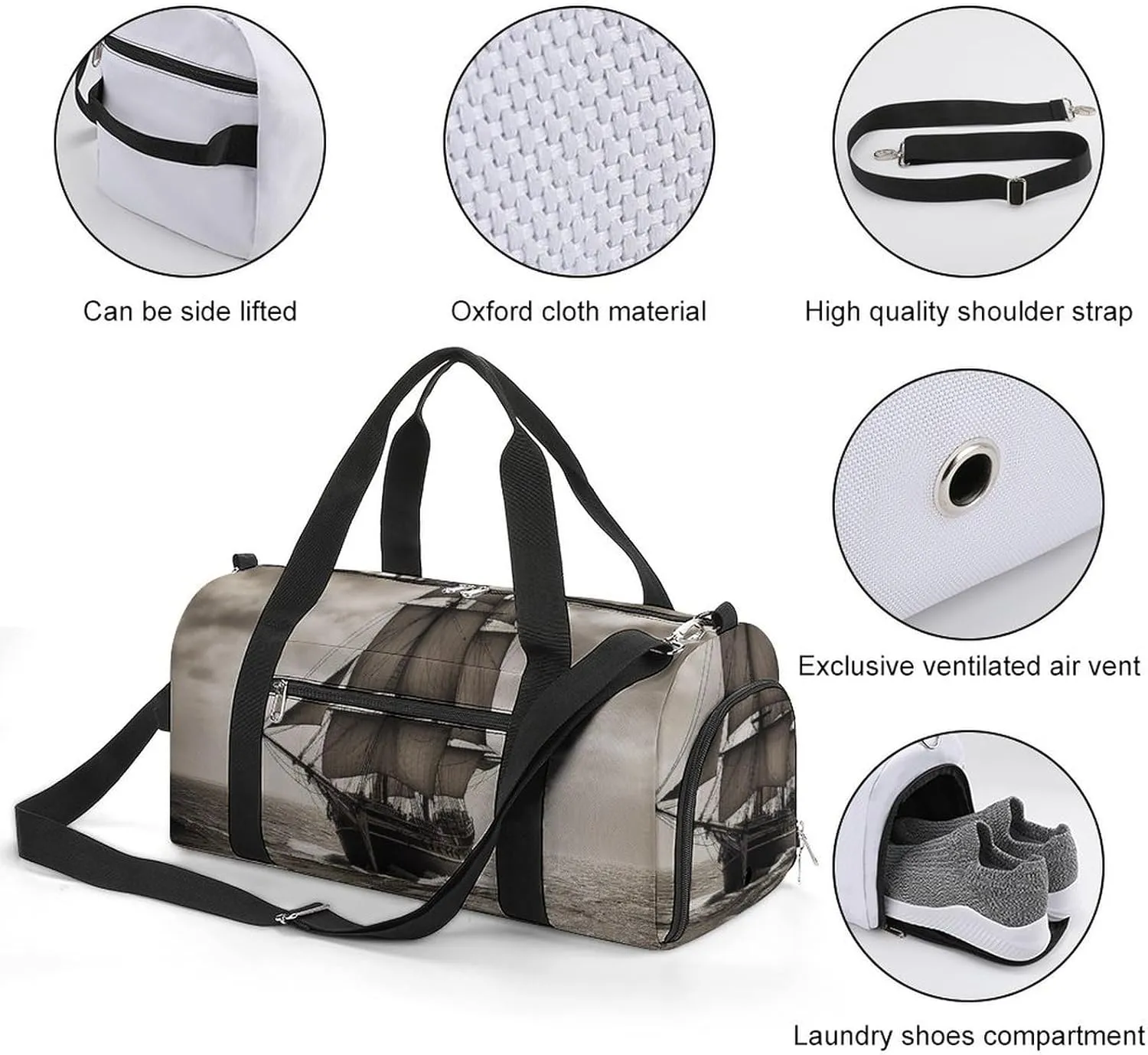 Gym Bag Nautical Sailing Pirate Theme Duffel Bag for Men Women Overnight Bag with Shoe Compartment Workout Bags