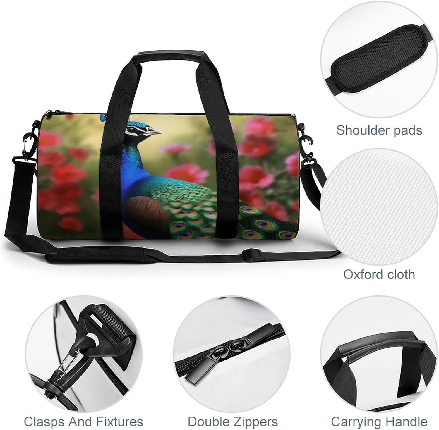 Gym Bag Peacock Flowers Duffel Bag for Men Women Overnight Bag with Shoe Compartment Workout Bags