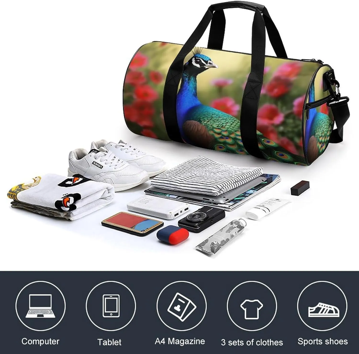 Gym Bag Peacock Flowers Duffel Bag for Men Women Overnight Bag with Shoe Compartment Workout Bags