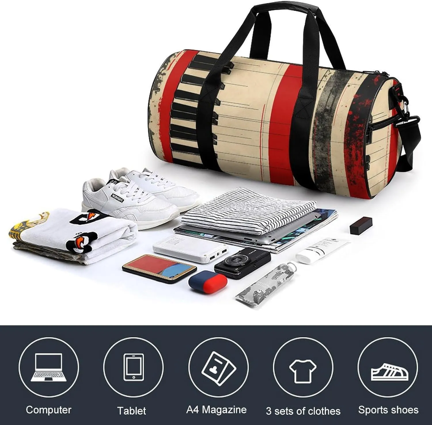 Gym Bag Piano Keys And Lines Duffel Bag for Men Women Overnight Bag with Shoe Compartment Workout Bags