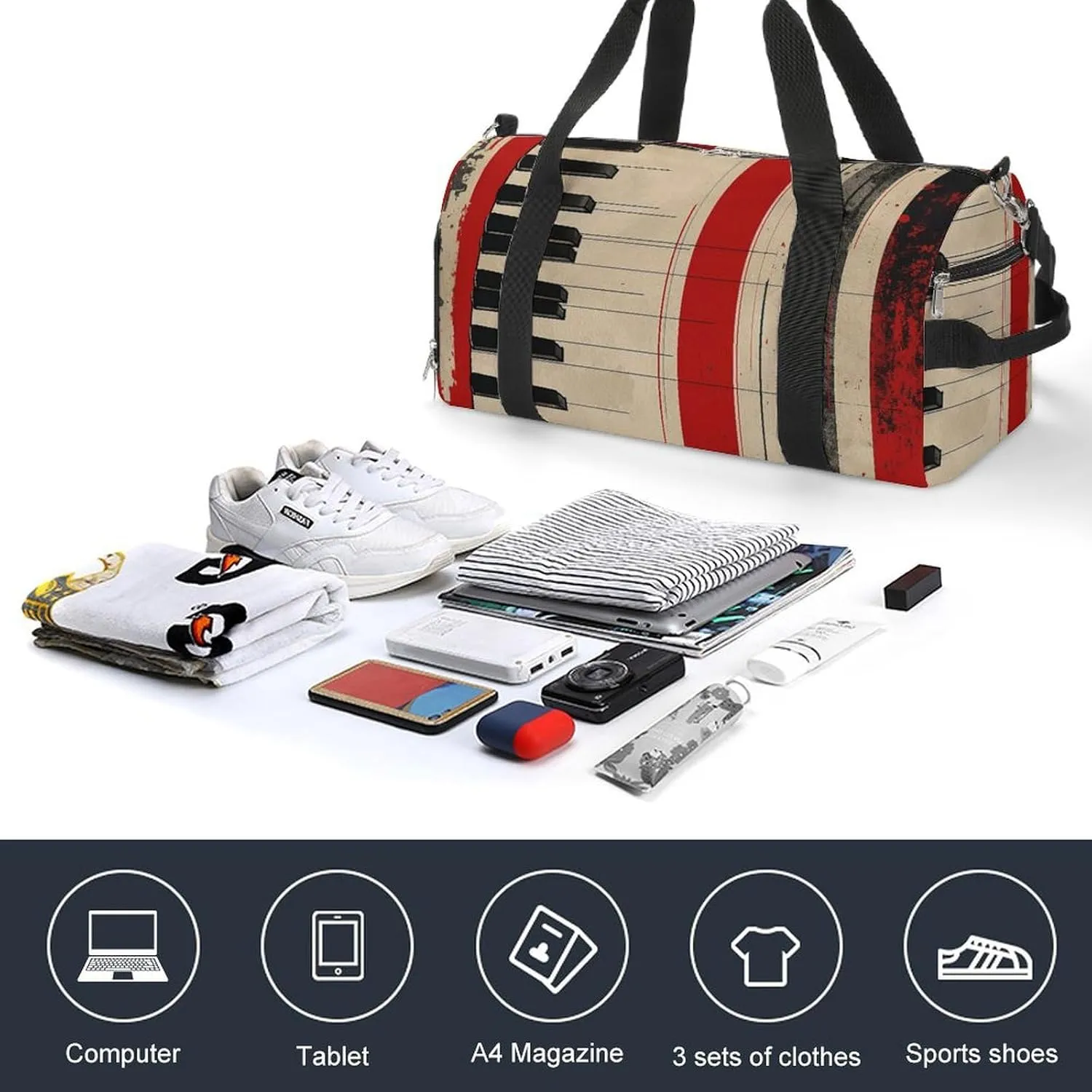 Gym Bag Piano Keys And Lines Duffel Bag for Men Women Overnight Bag with Shoe Compartment Workout Bags