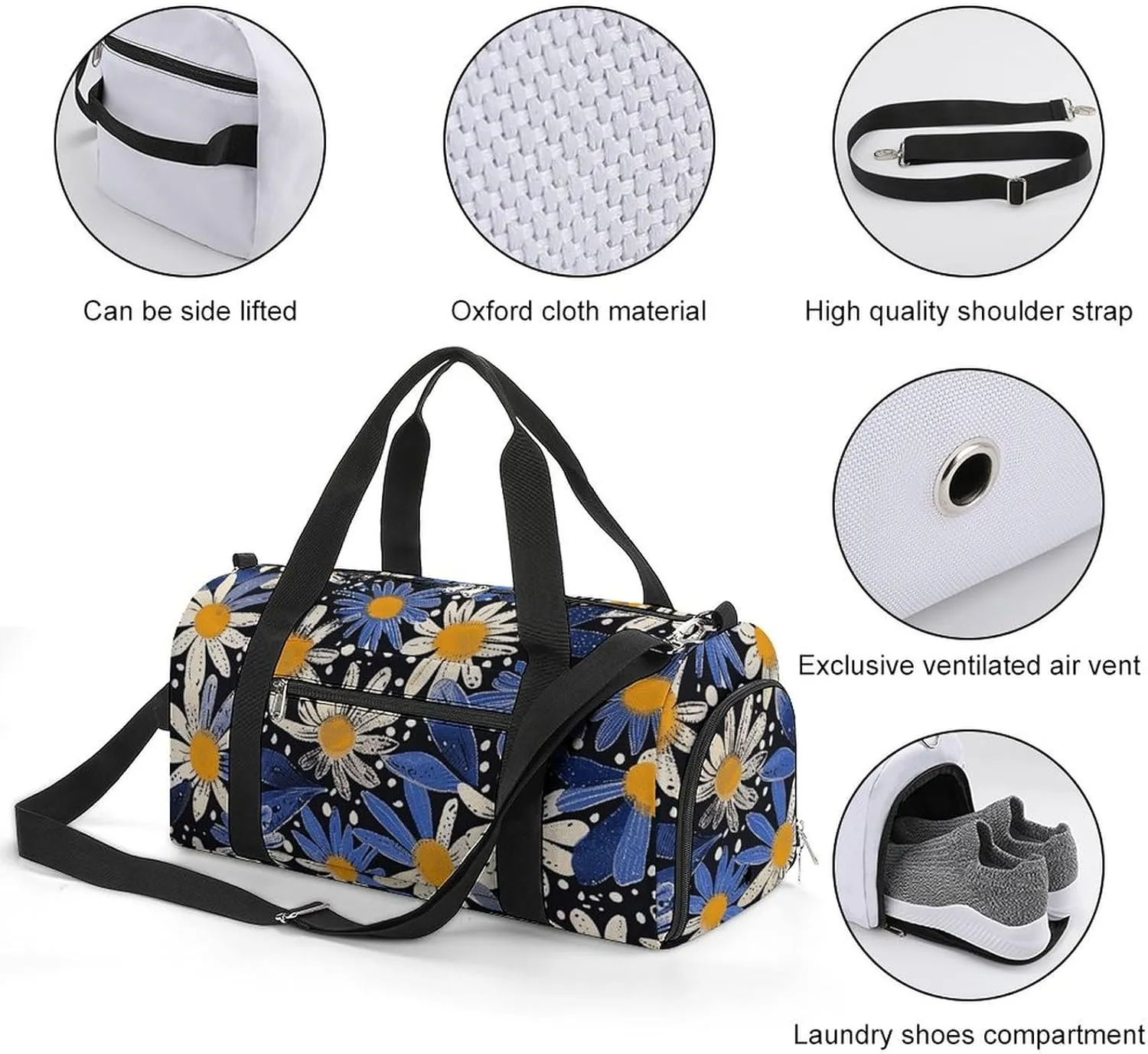 Gym Bag Pictures with Daisies Duffel Bag for Men Women Overnight Bag with Shoe Compartment Workout Bags