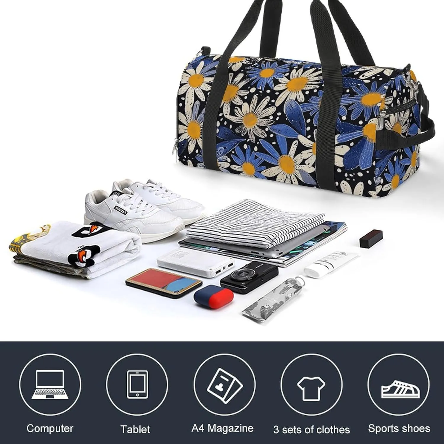 Gym Bag Pictures with Daisies Duffel Bag for Men Women Overnight Bag with Shoe Compartment Workout Bags