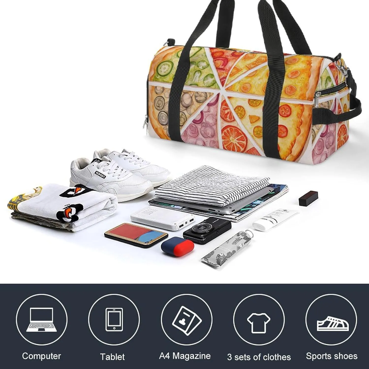 Gym Bag Sliced Pizza Duffel Bag for Men Women Overnight Bag with Shoe Compartment Workout Bags