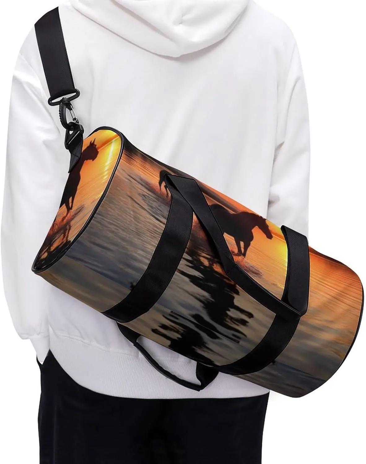Gym Bag Sunsets Lake Horses Duffel Bag for Men Women Overnight Bag with Shoe Compartment Workout Bags