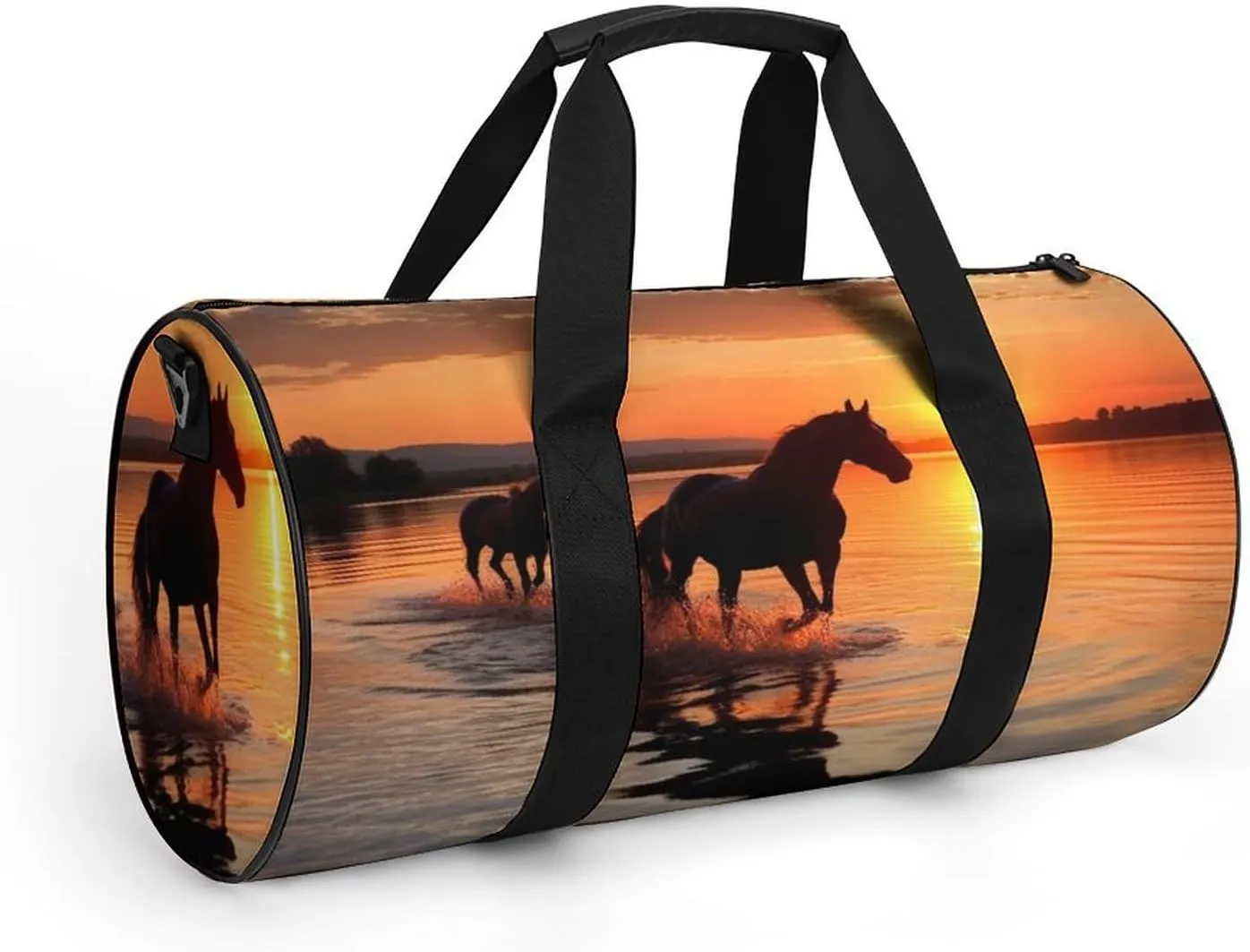 Gym Bag Sunsets Lake Horses Duffel Bag for Men Women Overnight Bag with Shoe Compartment Workout Bags