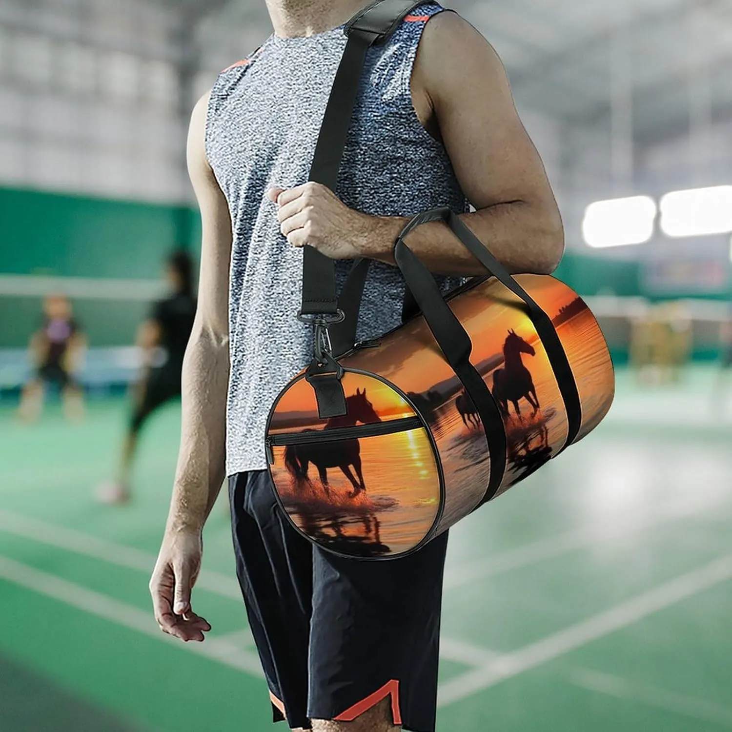 Gym Bag Sunsets Lake Horses Duffel Bag for Men Women Overnight Bag with Shoe Compartment Workout Bags