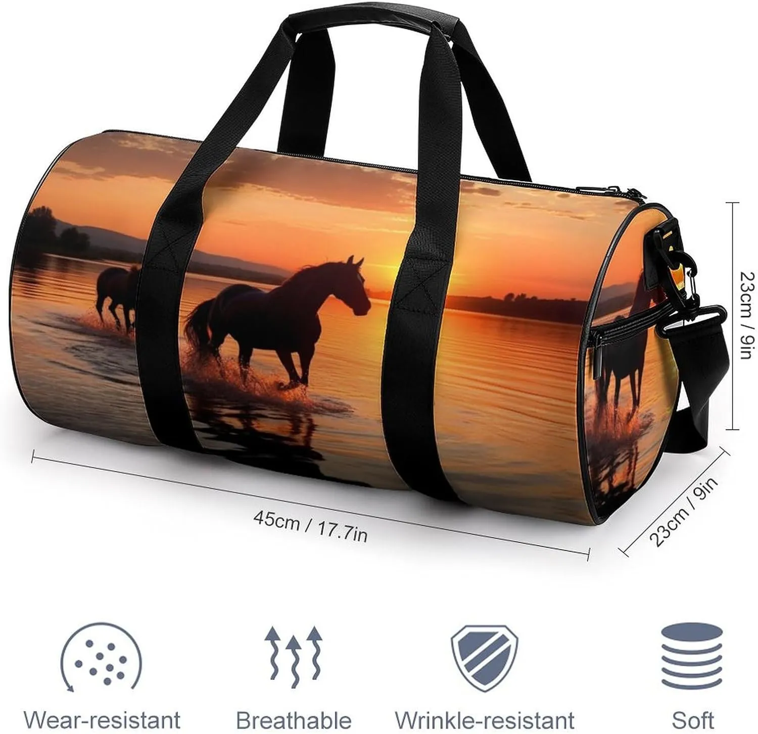 Gym Bag Sunsets Lake Horses Duffel Bag for Men Women Overnight Bag with Shoe Compartment Workout Bags