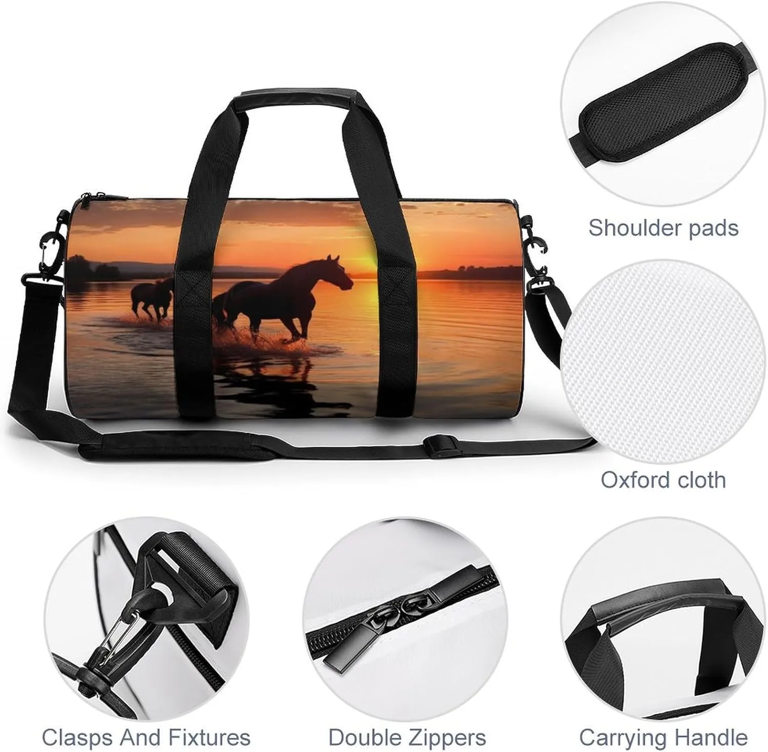 Gym Bag Sunsets Lake Horses Duffel Bag for Men Women Overnight Bag with Shoe Compartment Workout Bags
