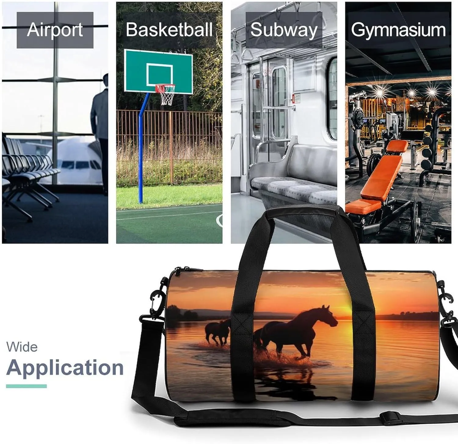 Gym Bag Sunsets Lake Horses Duffel Bag for Men Women Overnight Bag with Shoe Compartment Workout Bags