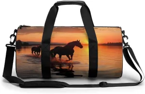 Gym Bag Sunsets Lake Horses Duffel Bag for Men Women Overnight Bag with Shoe Compartment Workout Bags
