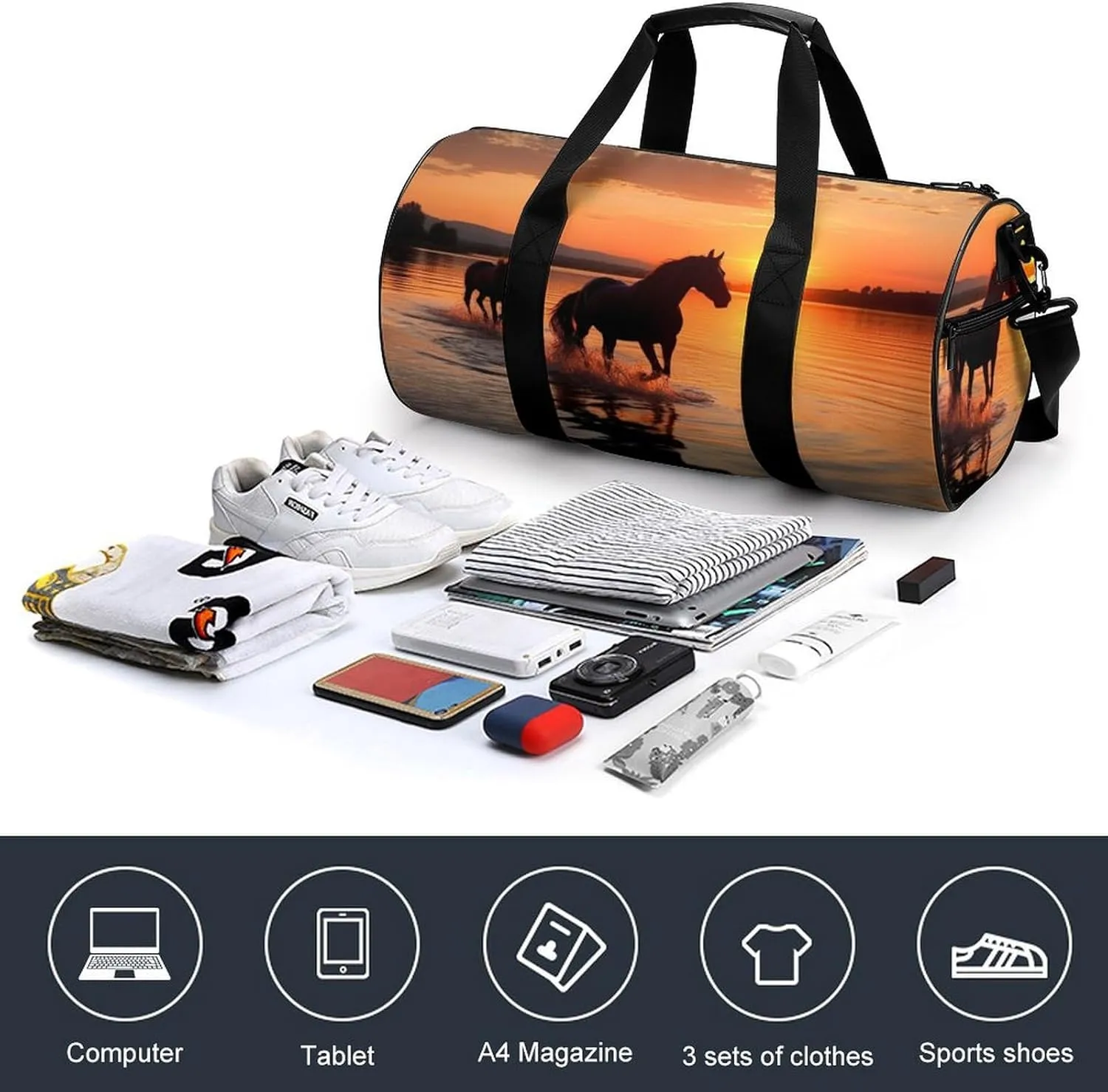 Gym Bag Sunsets Lake Horses Duffel Bag for Men Women Overnight Bag with Shoe Compartment Workout Bags