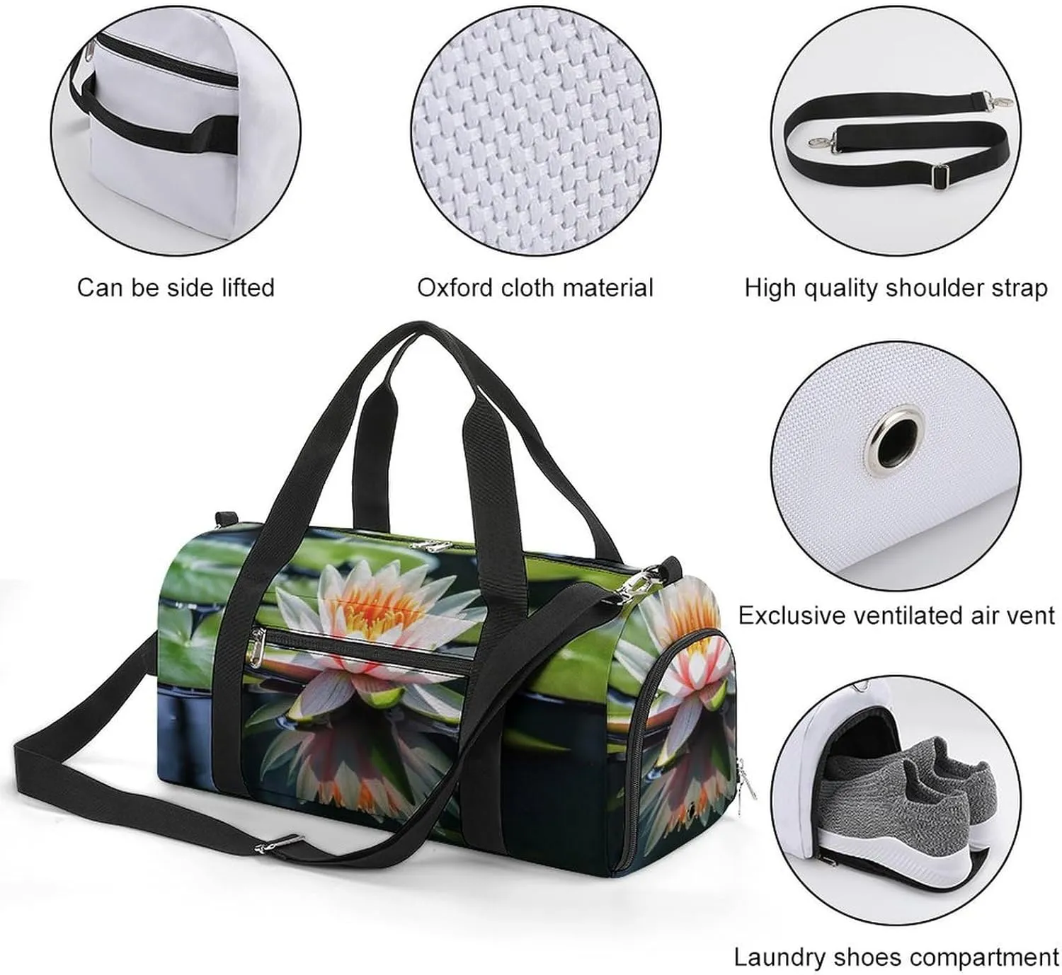 Gym Bag Water Lily Duffel Bag for Men Women Overnight Bag with Shoe Compartment Workout Bags