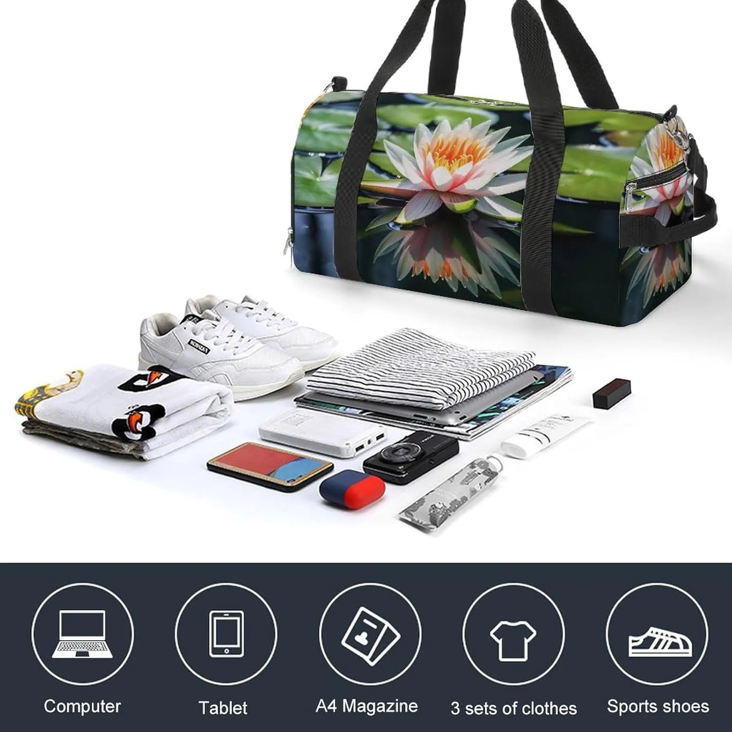 Gym Bag Water Lily Duffel Bag for Men Women Overnight Bag with Shoe Compartment Workout Bags
