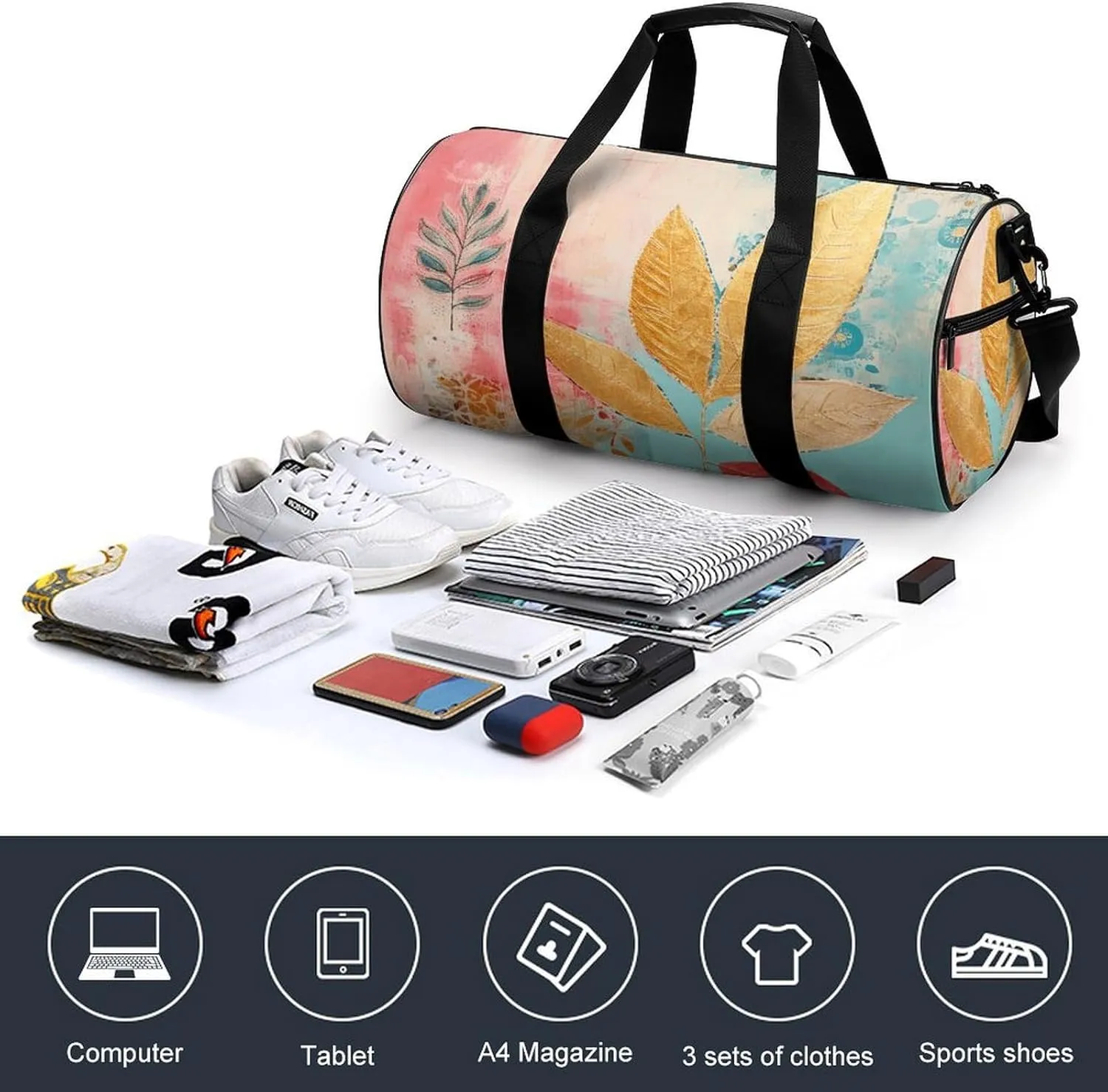 Gym Bag With Peach Leaves Duffel Bag for Men Women Overnight Bag with Shoe Compartment Workout Bags