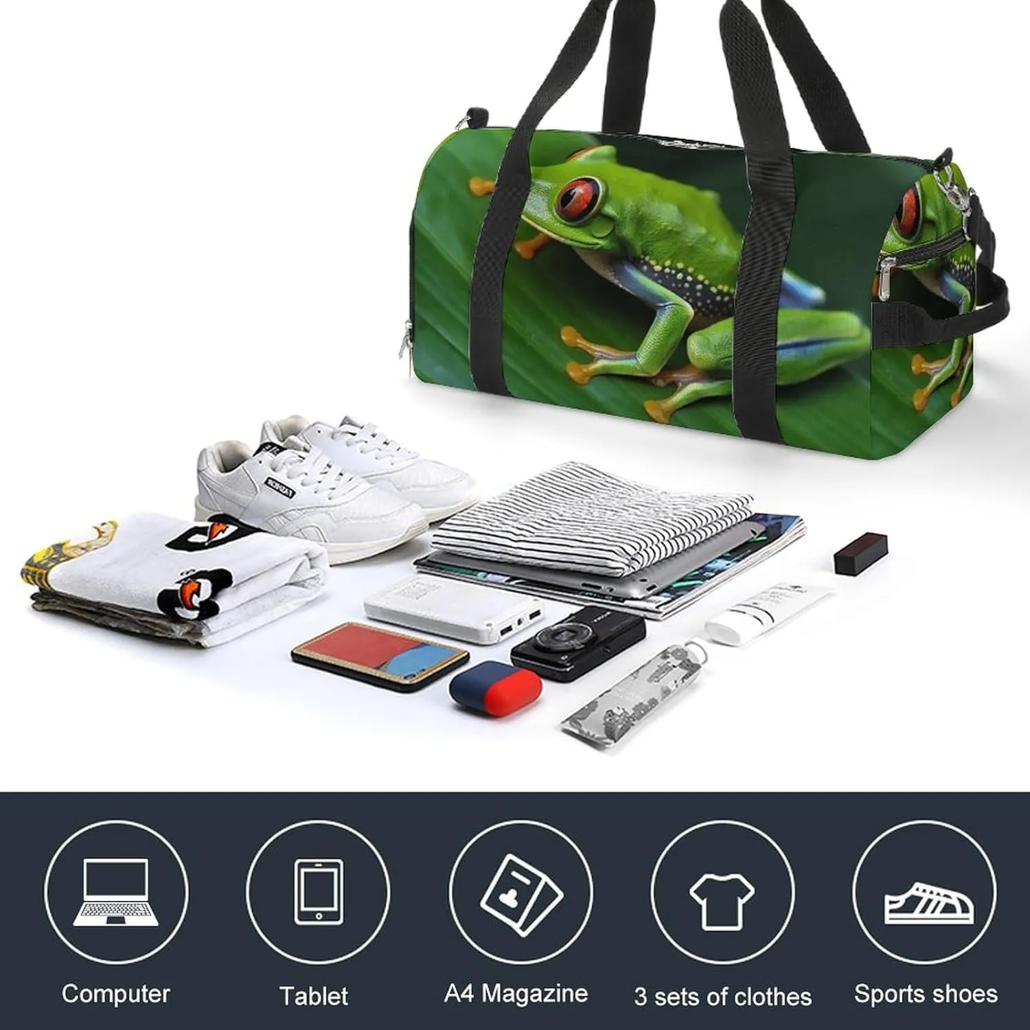Gym Bags for Men Women Animal Frog Green Leaf Leaves Duffle Bag Travel Overnight Bag with Shoe Compartment Tote Bags