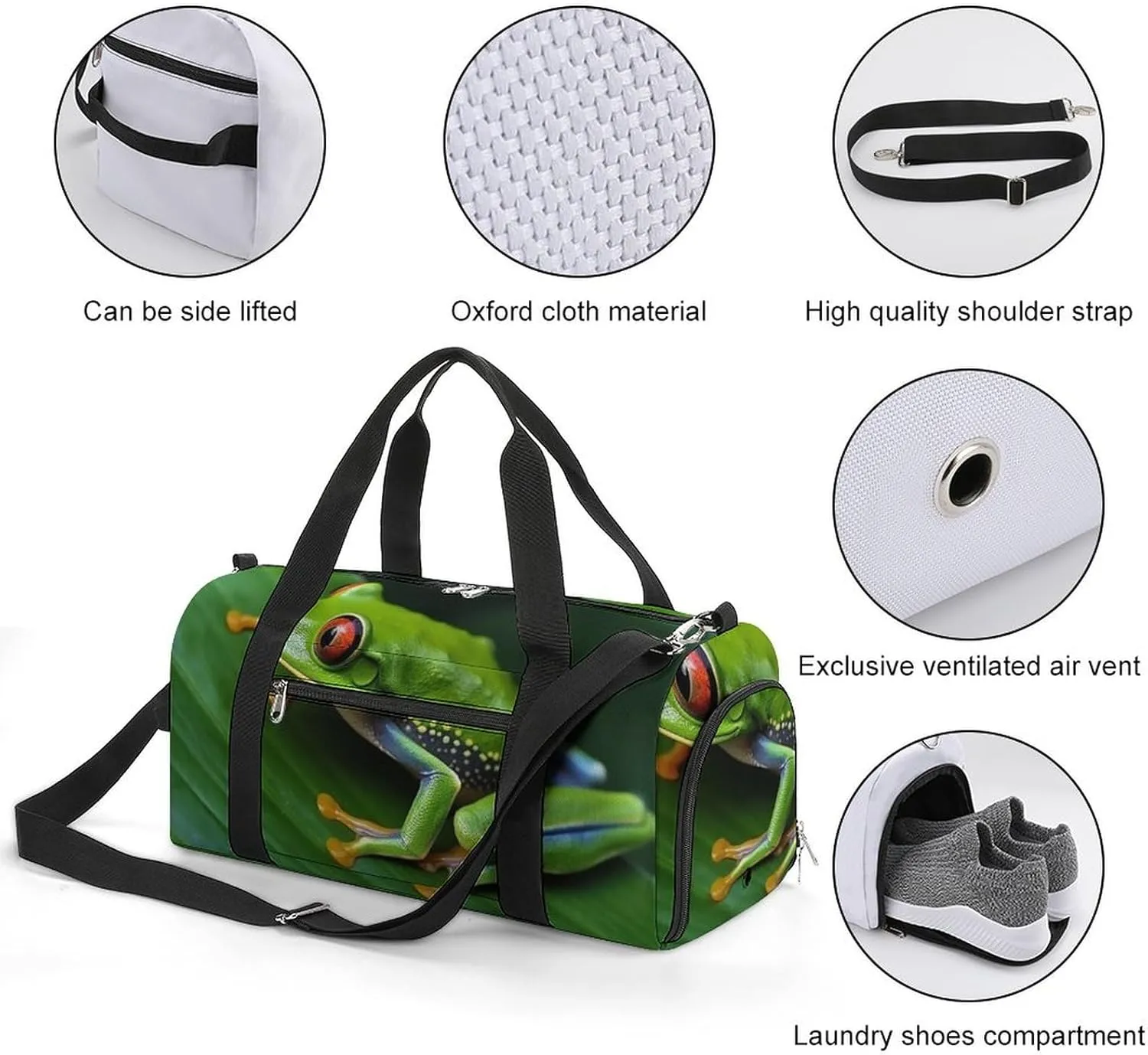 Gym Bags for Men Women Animal Frog Green Leaf Leaves Duffle Bag Travel Overnight Bag with Shoe Compartment Tote Bags