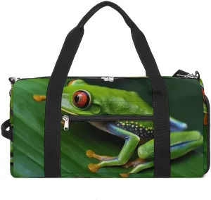 Gym Bags for Men Women Animal Frog Green Leaf Leaves Duffle Bag Travel Overnight Bag with Shoe Compartment Tote Bags