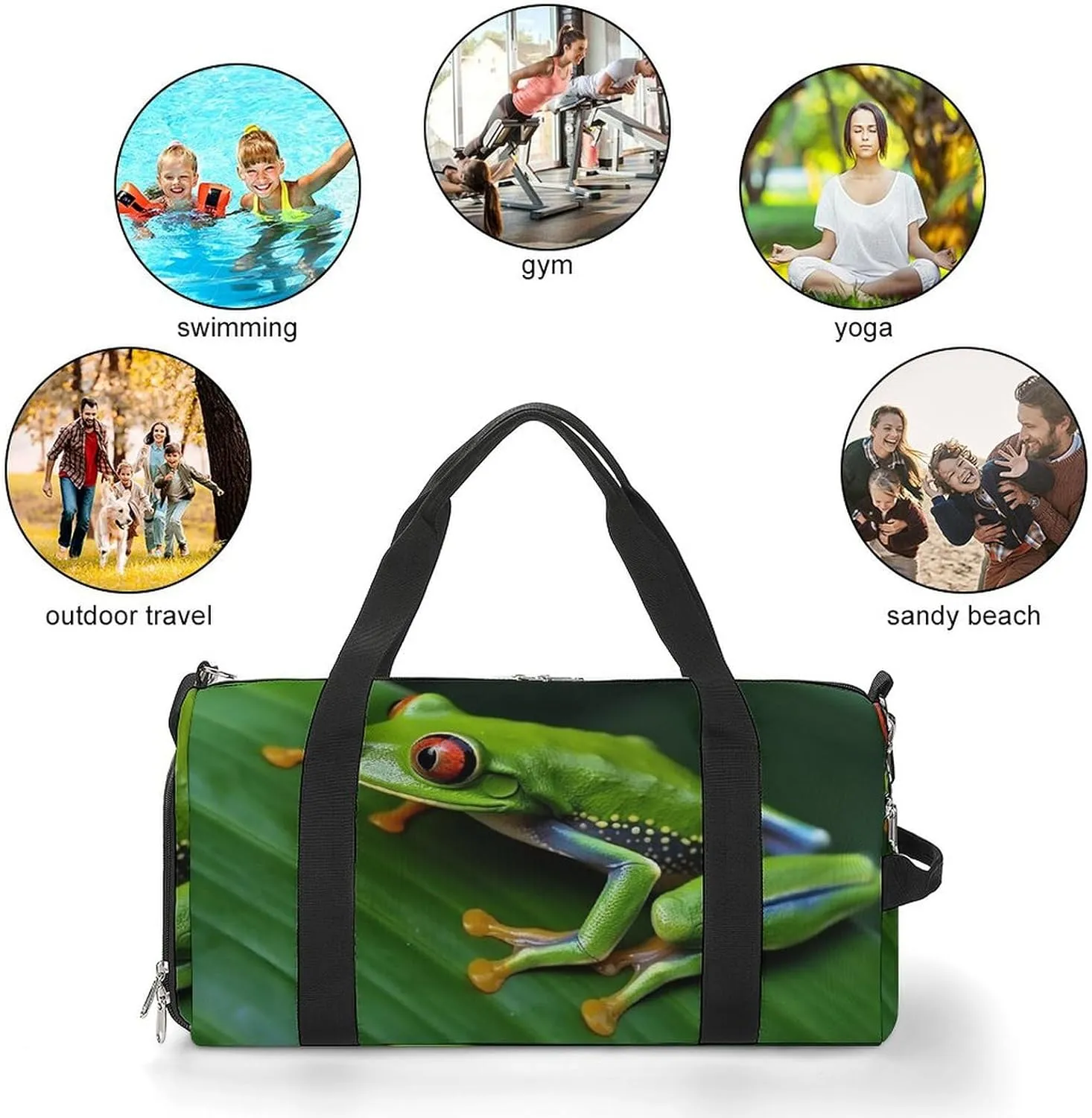 Gym Bags for Men Women Animal Frog Green Leaf Leaves Duffle Bag Travel Overnight Bag with Shoe Compartment Tote Bags