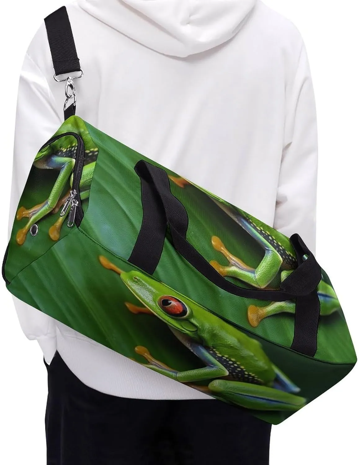 Gym Bags for Men Women Animal Frog Green Leaf Leaves Duffle Bag Travel Overnight Bag with Shoe Compartment Tote Bags