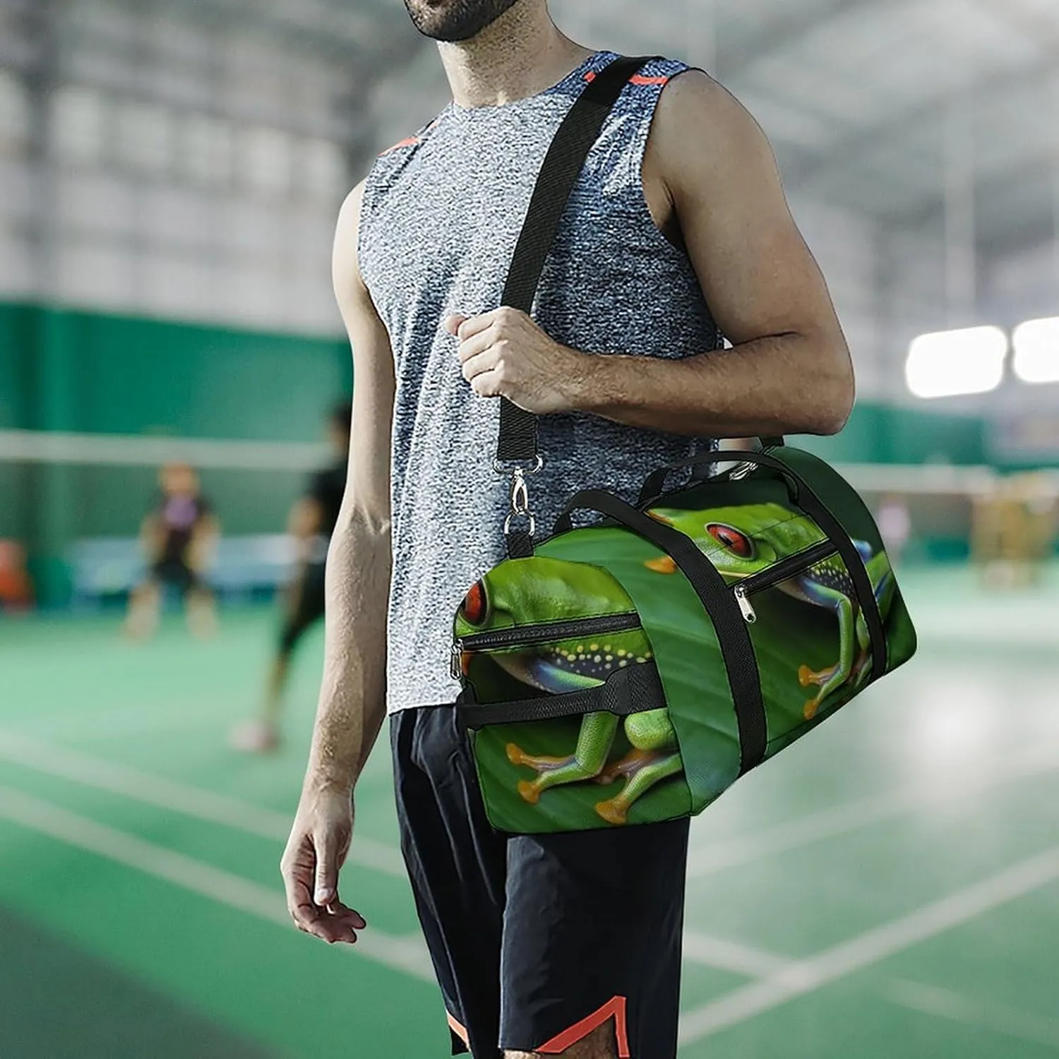 Gym Bags for Men Women Animal Frog Green Leaf Leaves Duffle Bag Travel Overnight Bag with Shoe Compartment Tote Bags