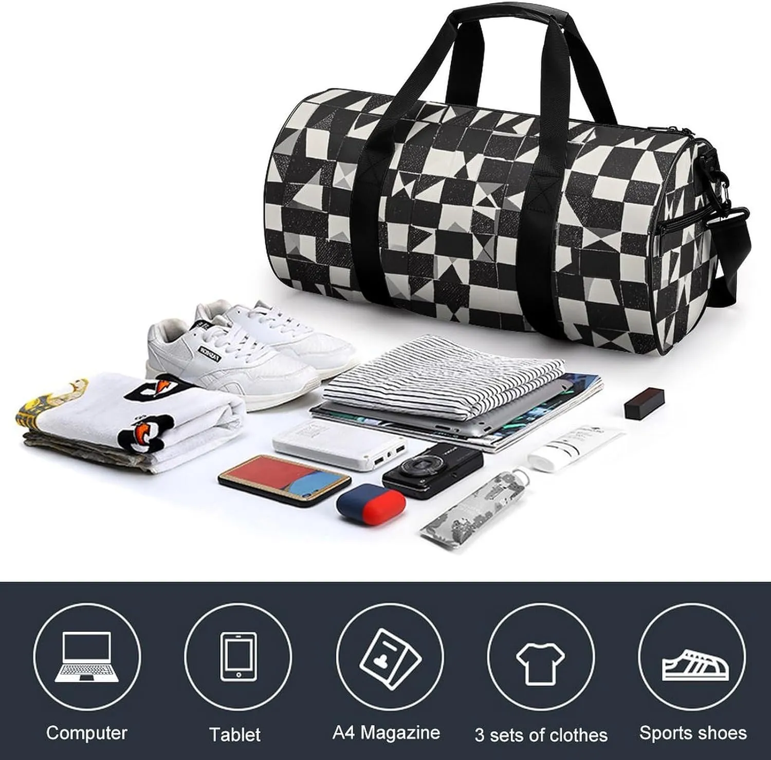 Gym Bags for Men Women Black And White Duffle Bag Travel Overnight Bag with Shoe Compartment Tote Bags
