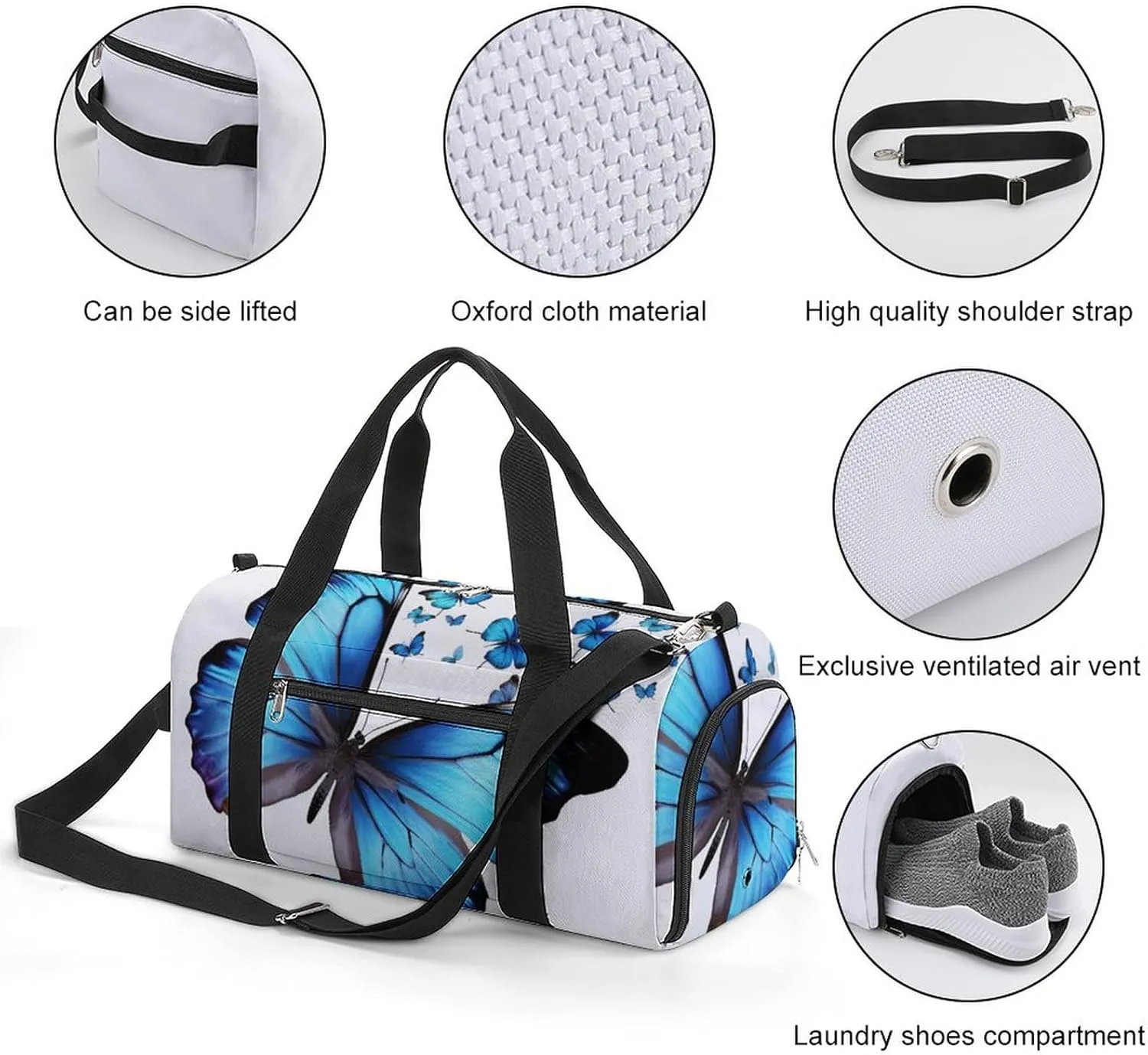 Gym Bags for Men Women Blue Butterfly Duffle Bag Travel Overnight Bag with Shoe Compartment Tote Bags