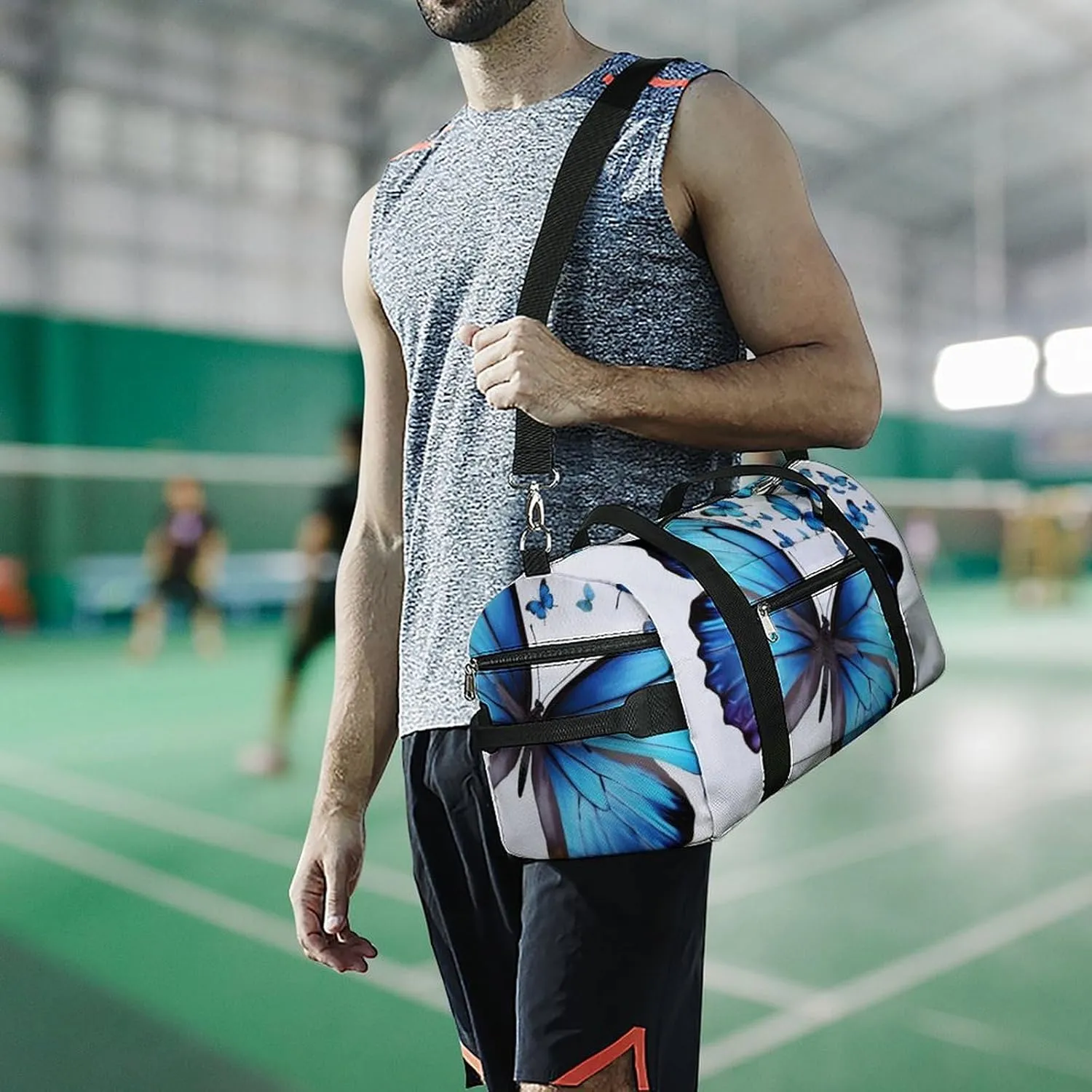 Gym Bags for Men Women Blue Butterfly Duffle Bag Travel Overnight Bag with Shoe Compartment Tote Bags
