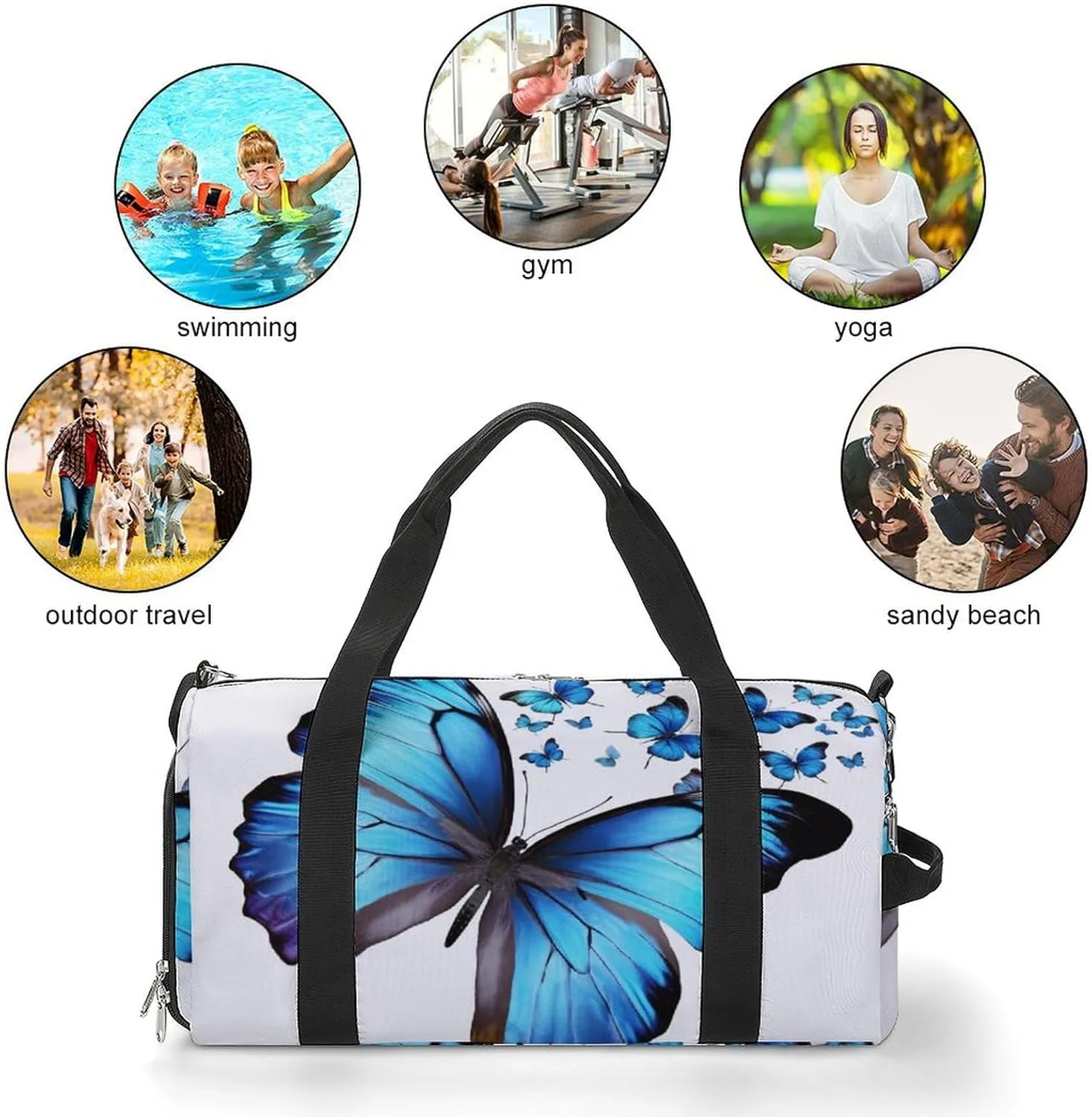 Gym Bags for Men Women Blue Butterfly Duffle Bag Travel Overnight Bag with Shoe Compartment Tote Bags