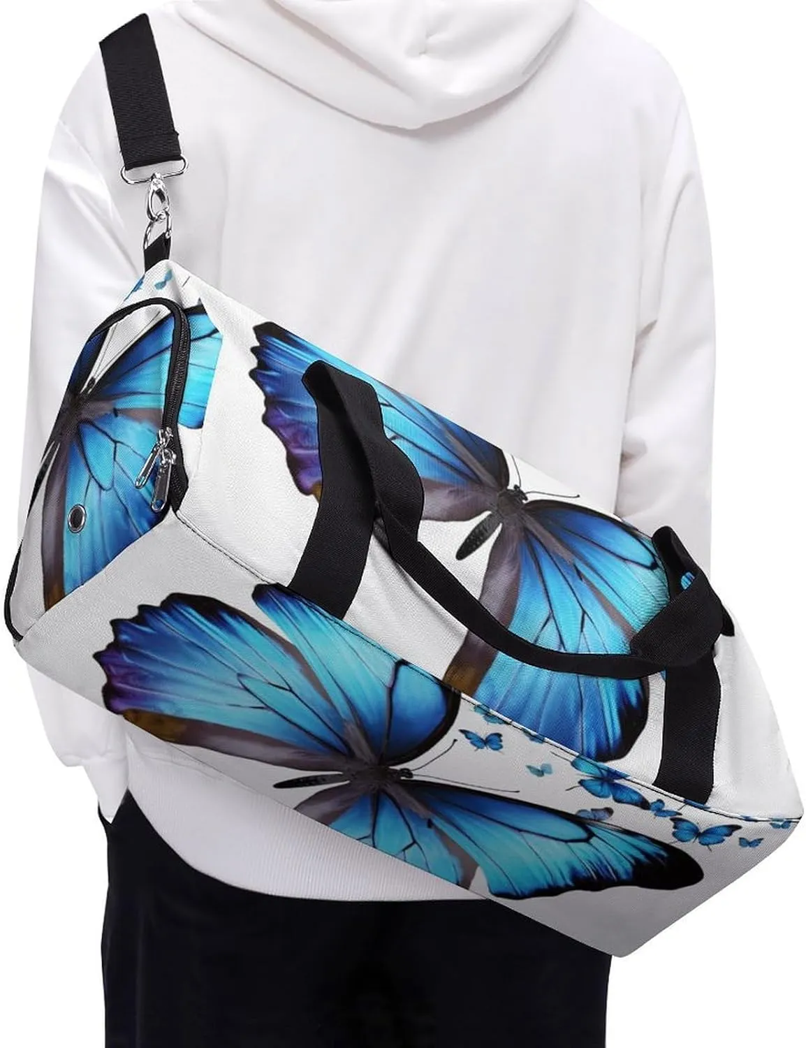 Gym Bags for Men Women Blue Butterfly Duffle Bag Travel Overnight Bag with Shoe Compartment Tote Bags