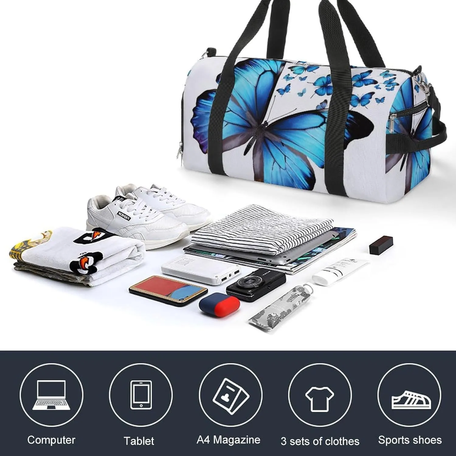 Gym Bags for Men Women Blue Butterfly Duffle Bag Travel Overnight Bag with Shoe Compartment Tote Bags