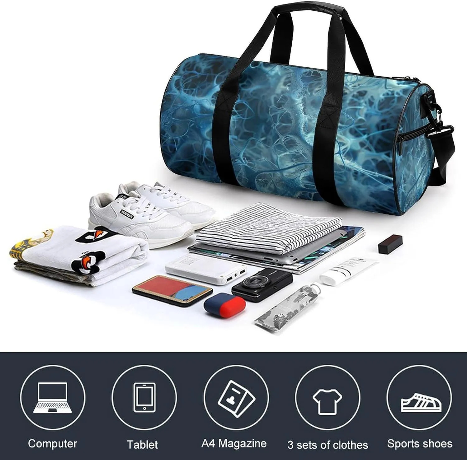 Gym Bags for Men Women Blue Neuron Picture Duffle Bag Travel Overnight Bag with Shoe Compartment Tote Bags