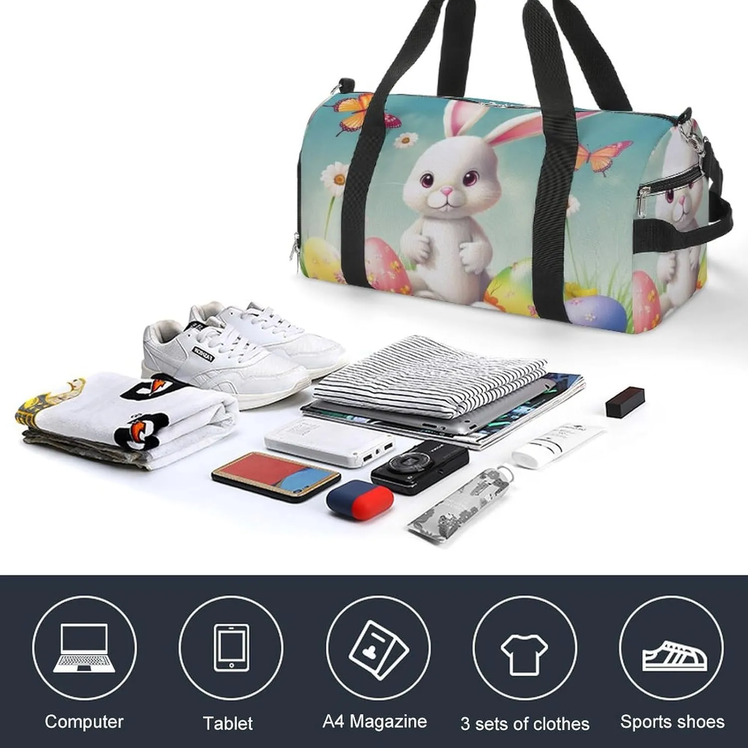 Gym Bags for Men Women Bunny with Eggs And Butterfly Duffle Bag Travel Overnight Bag with Shoe Compartment Tote Bags
