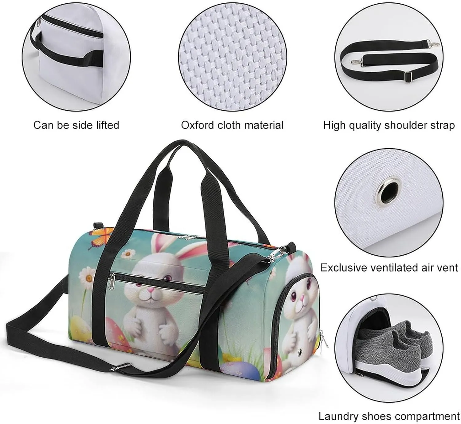 Gym Bags for Men Women Bunny with Eggs And Butterfly Duffle Bag Travel Overnight Bag with Shoe Compartment Tote Bags