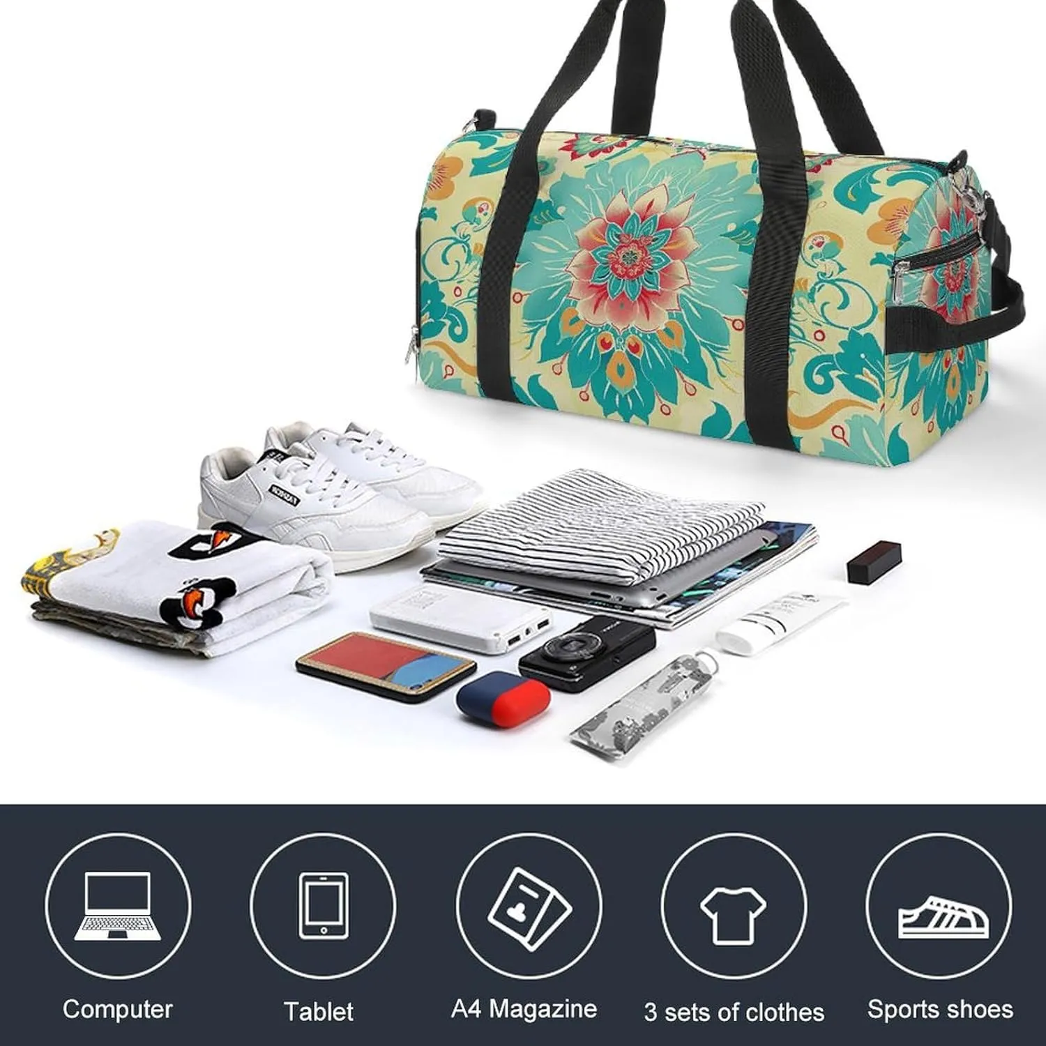 Gym Bags for Men Women Cartoon Floral Pattern Duffle Bag Travel Overnight Bag with Shoe Compartment Tote Bags