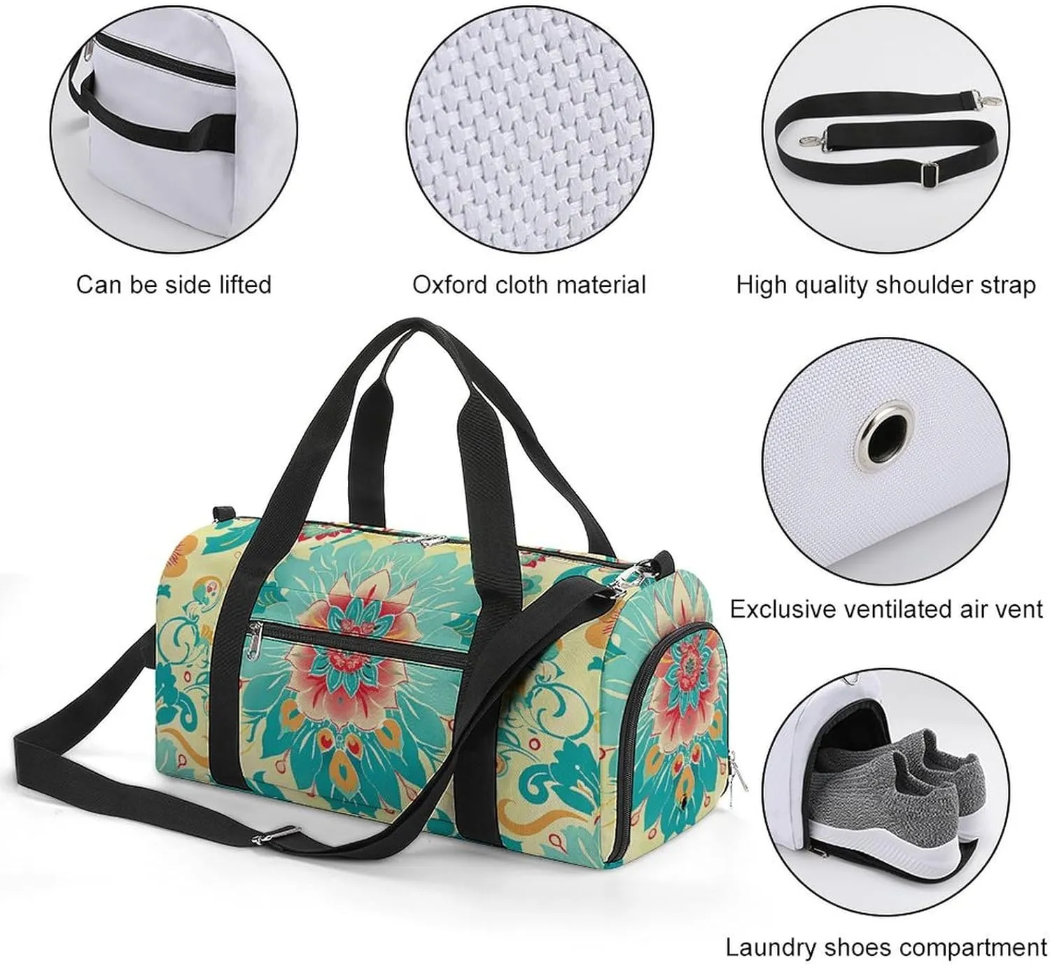 Gym Bags for Men Women Cartoon Floral Pattern Duffle Bag Travel Overnight Bag with Shoe Compartment Tote Bags