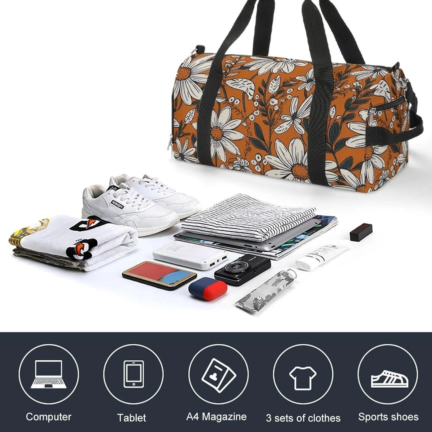 Gym Bags for Men Women Daisy Flower Pattern Duffle Bag Travel Overnight Bag with Shoe Compartment Tote Bags