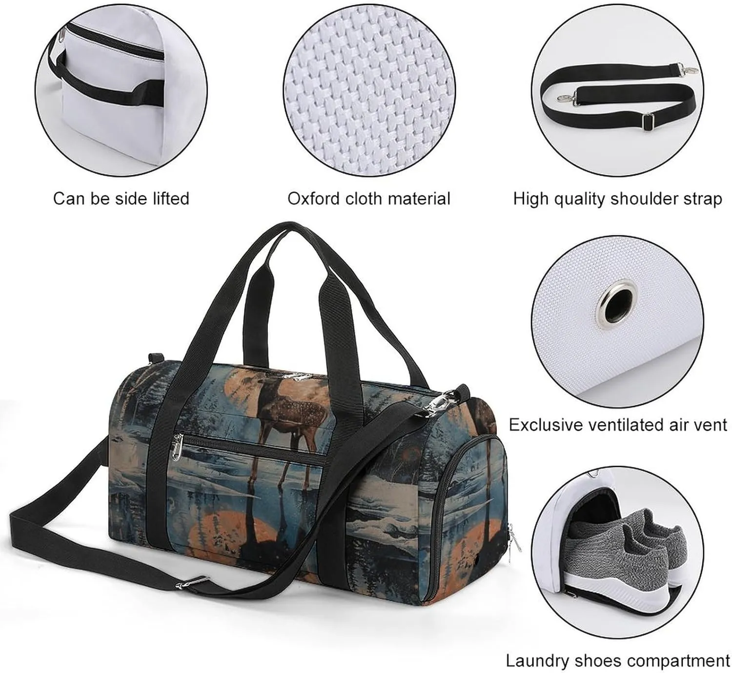 Gym Bags for Men Women Deer And Moon Duffle Bag Travel Overnight Bag with Shoe Compartment Tote Bags