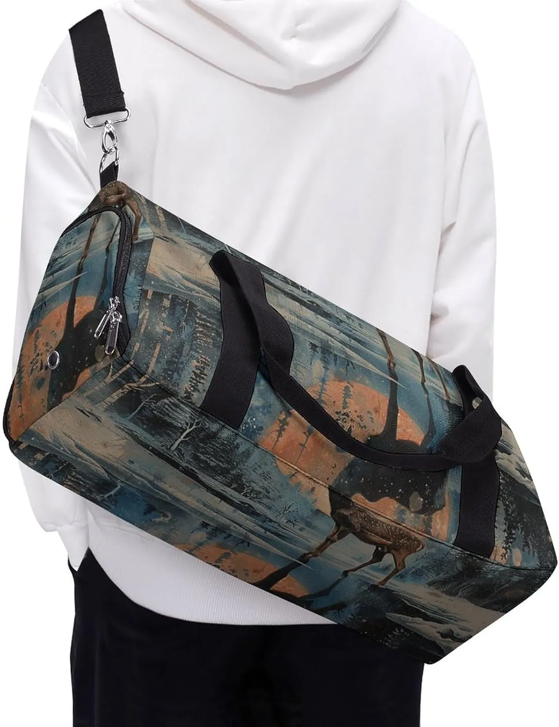 Gym Bags for Men Women Deer And Moon Duffle Bag Travel Overnight Bag with Shoe Compartment Tote Bags