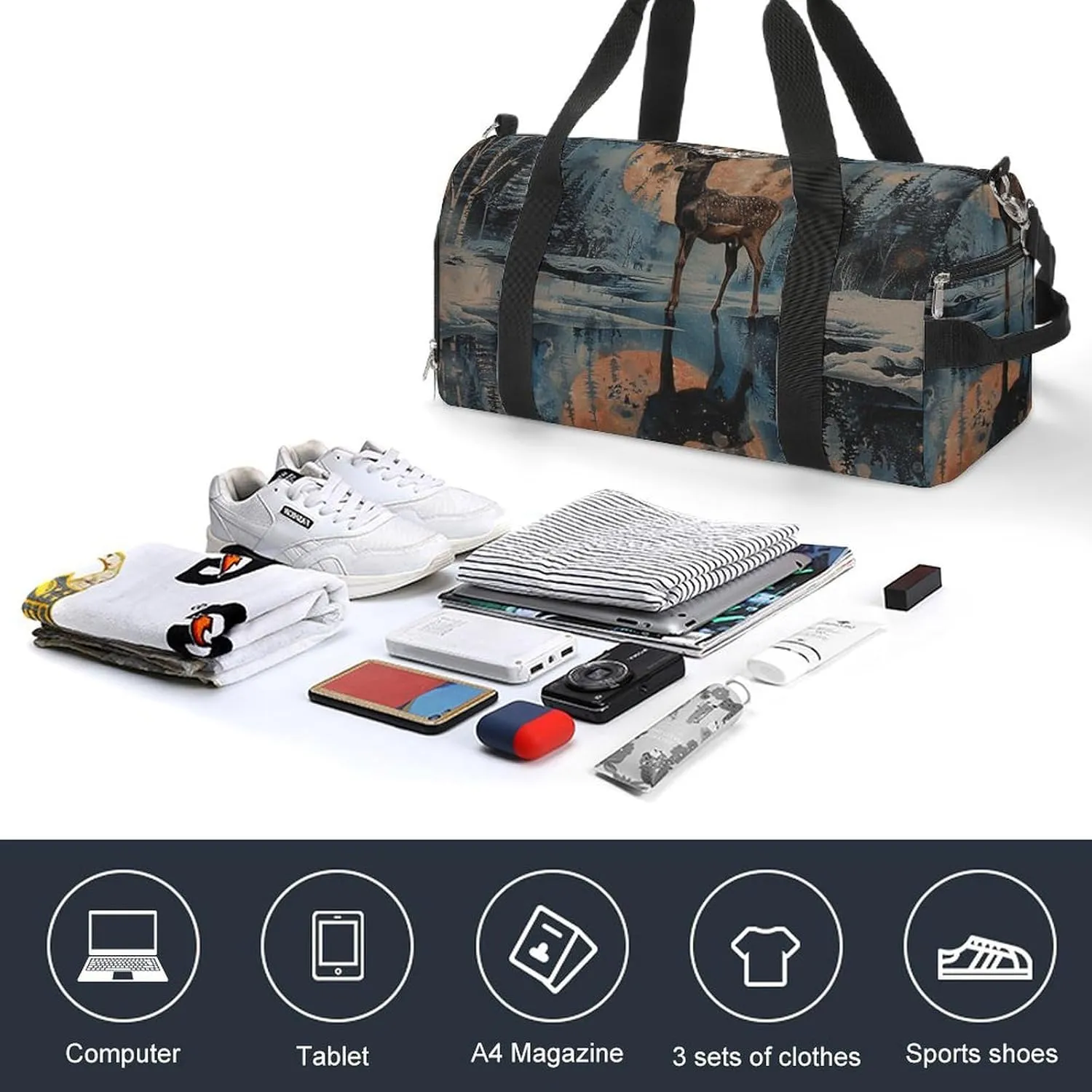 Gym Bags for Men Women Deer And Moon Duffle Bag Travel Overnight Bag with Shoe Compartment Tote Bags