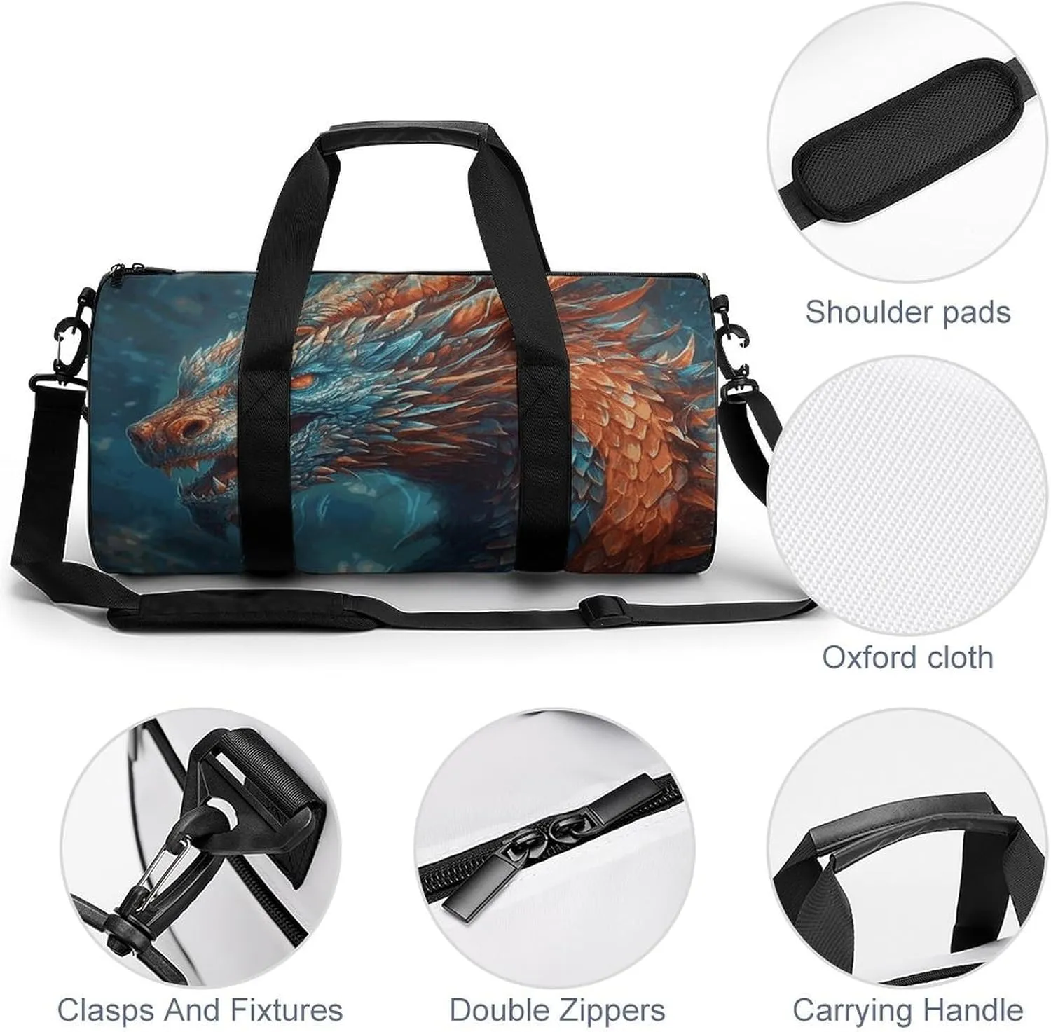 Gym Bags for Men Women Dragon Art Duffle Bag Travel Overnight Bag with Shoe Compartment Tote Bags