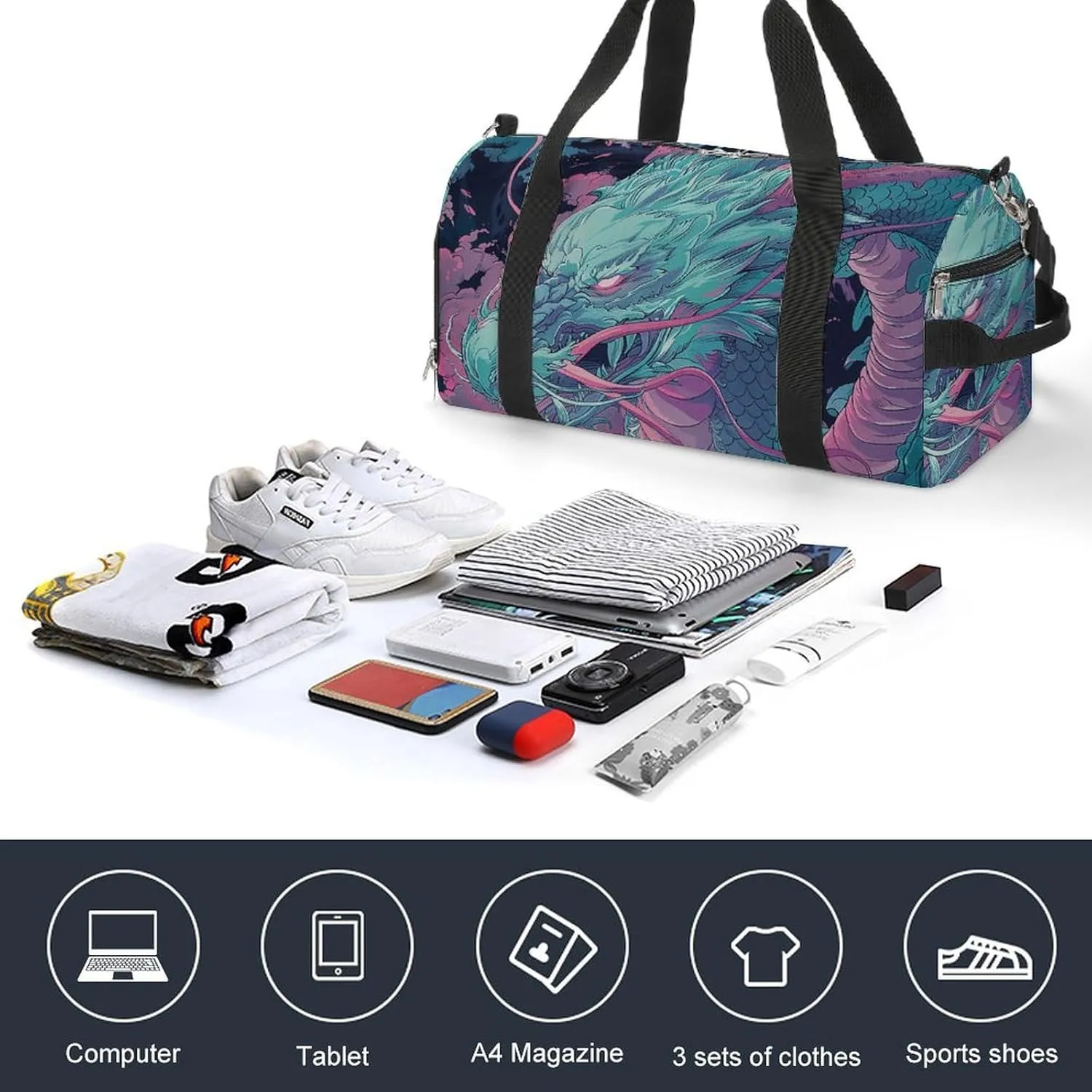 Gym Bags for Men Women Fantasy Style Dragon Duffle Bag Travel Overnight Bag with Shoe Compartment Tote Bags